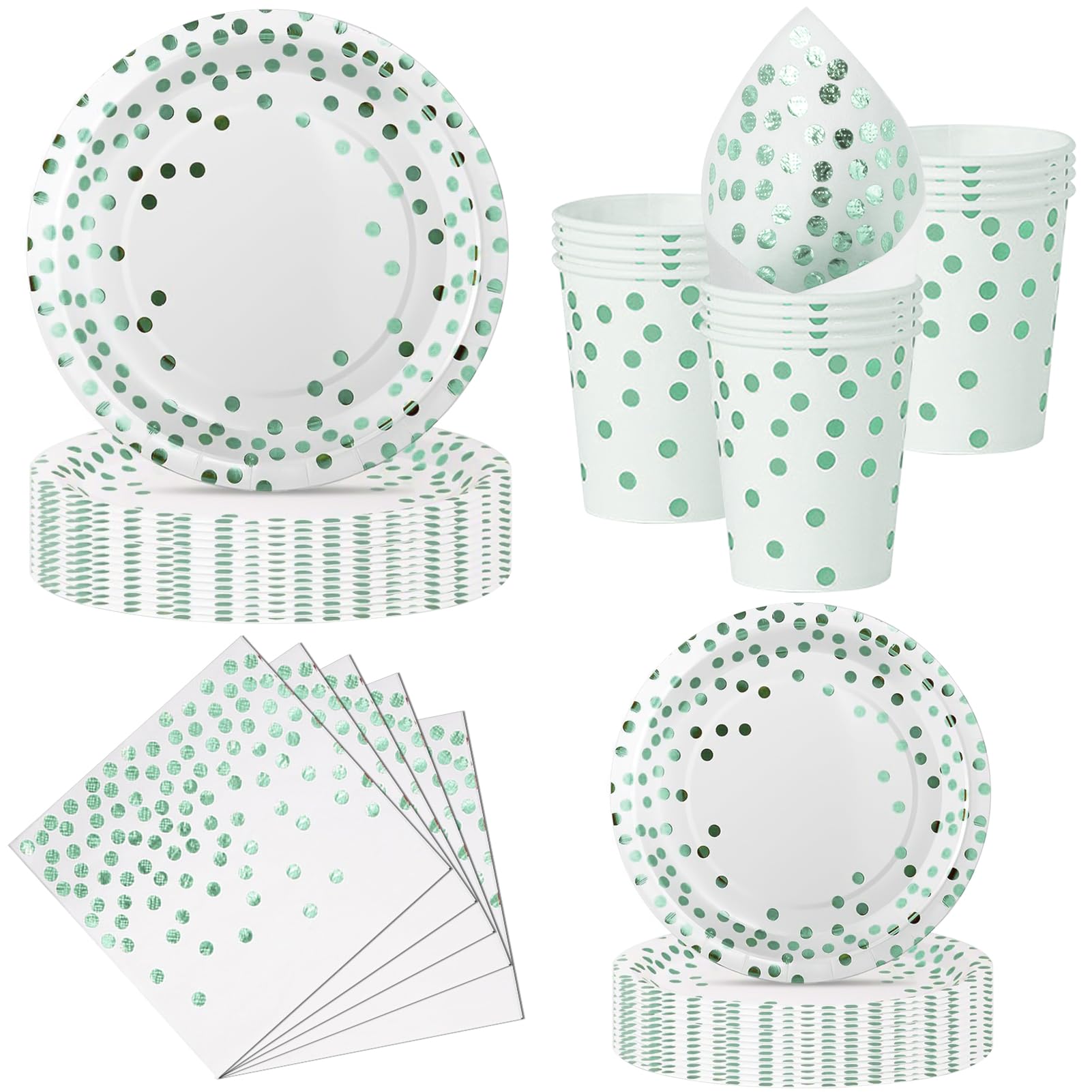Nkaiso Paper Plates and Cups and Napkins Set, 50 Piece White and Green Party Tableware, Disposable Plate Napkins Cups Dinnerware Party Supplies for Birthday BBQ Picnic Decorations