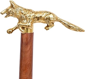 Brass Fox Handle Walking Stick, Gold, 37 In | Vintage Style, Men & Women, Party Wear, Decorative Gifts