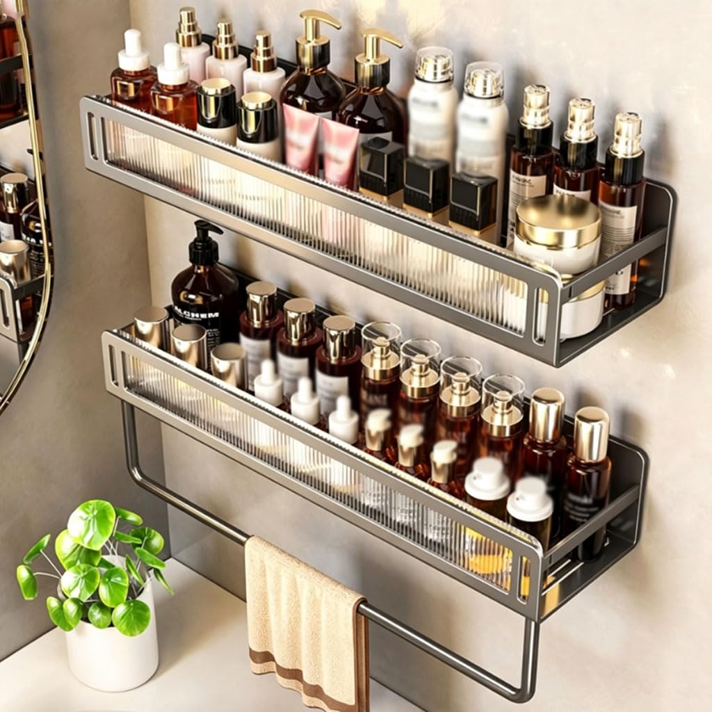 Mensola da Doccia Senza forare, Organizer da Bagno con portasciugamani, Ripiani ventilati, scaffale Doccia salvaspazio in Alluminio Resistente alla ruggine,Modell c,40cm