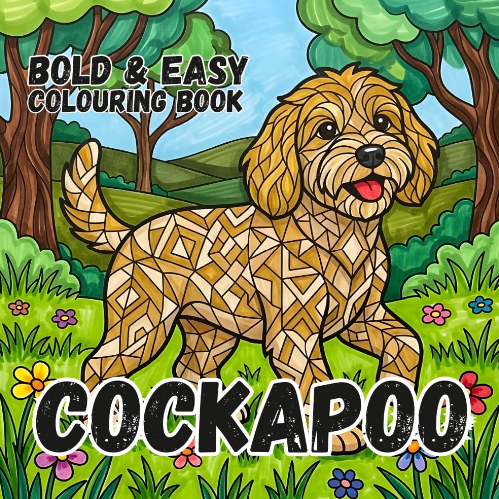 COCKAPOO COLOURING BOOK: Bold and Easy for Kids and Adults: 50 Simple Designs for Dog Lovers, Seniors, anxiety and Stress Relief