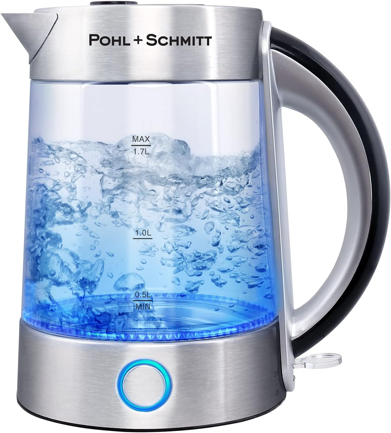 Pohl Schmitt 1.7L Electric Kettle with Upgraded Stainless Steel Filter, Inner Lid & Bottom, Glass Water Boiler & Tea Heater with LED, Cordless, Auto Shut-Off - Boil-Dry