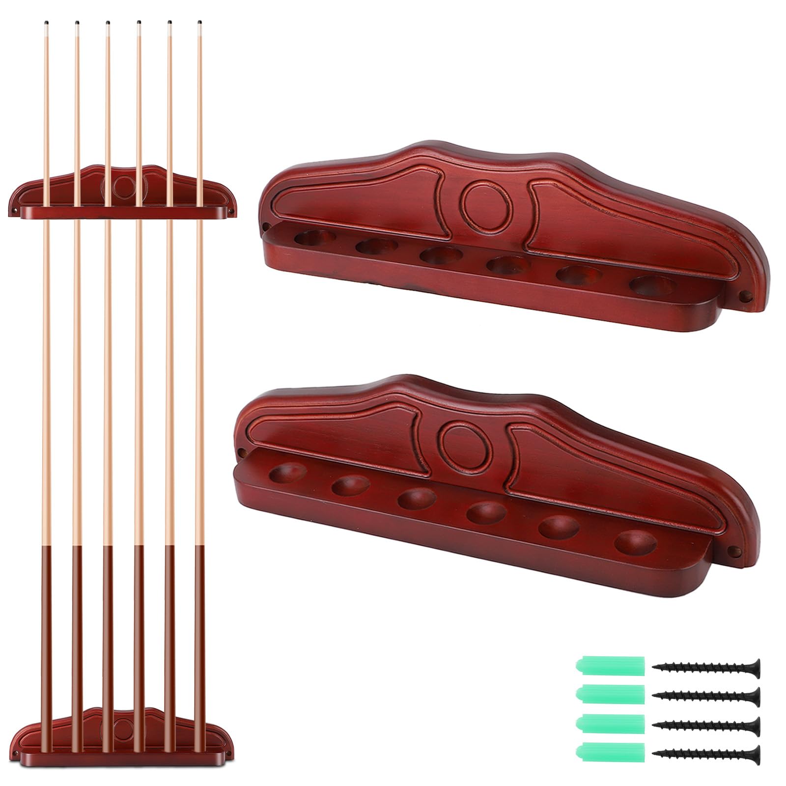 VINGVO Pool Cue Rack Stick Holder, 6 Hole Solid Wood Wall Mounted Billiards Pool Cue Rack, Pool Table Accessories Equipment Organizer