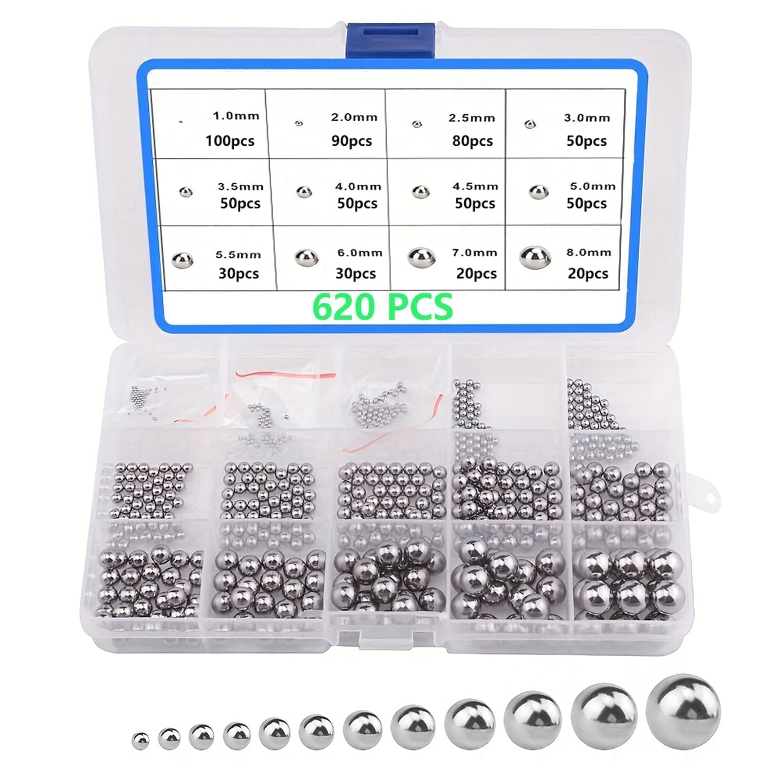 620 Pezzi 1-8mm Sfere in Acciaio Cuscinetto,Acciaio Inox Cuscinetti a Sfera,Sfere in Acciaio Cuscinetto,Sfere di Precisione,Cuscinetti a Sfera in Acciaio,1-8 mm,Adatto per cuscinetti ruota, ecc.