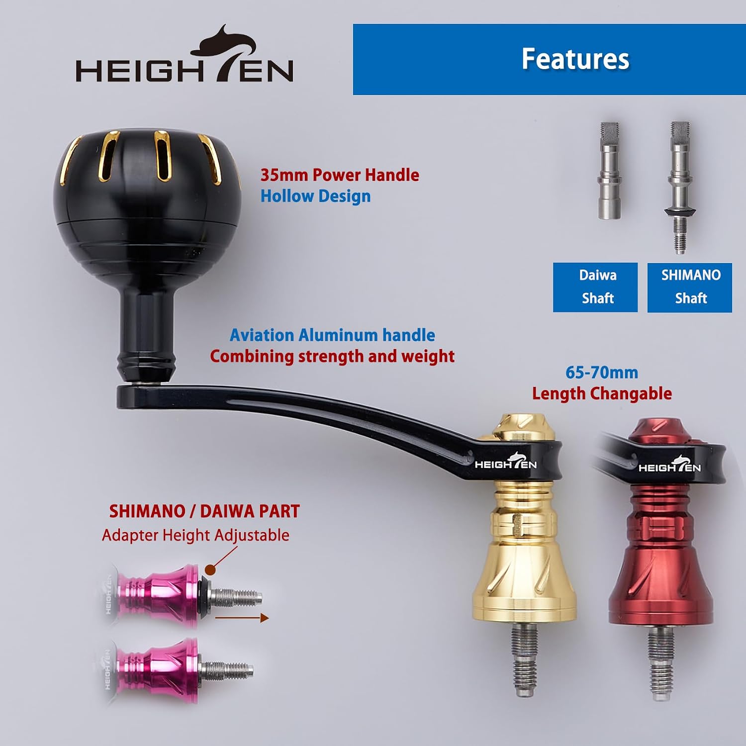 HEIGHTEN 65-70mm Spinning Reel Handle with 35mm Knob for Shimano Stradic FL FM Stella Vanford Vanquish Nasci Twinpower Daiwa Fuego BG MQ Ballistic Certate Luvias Tatula