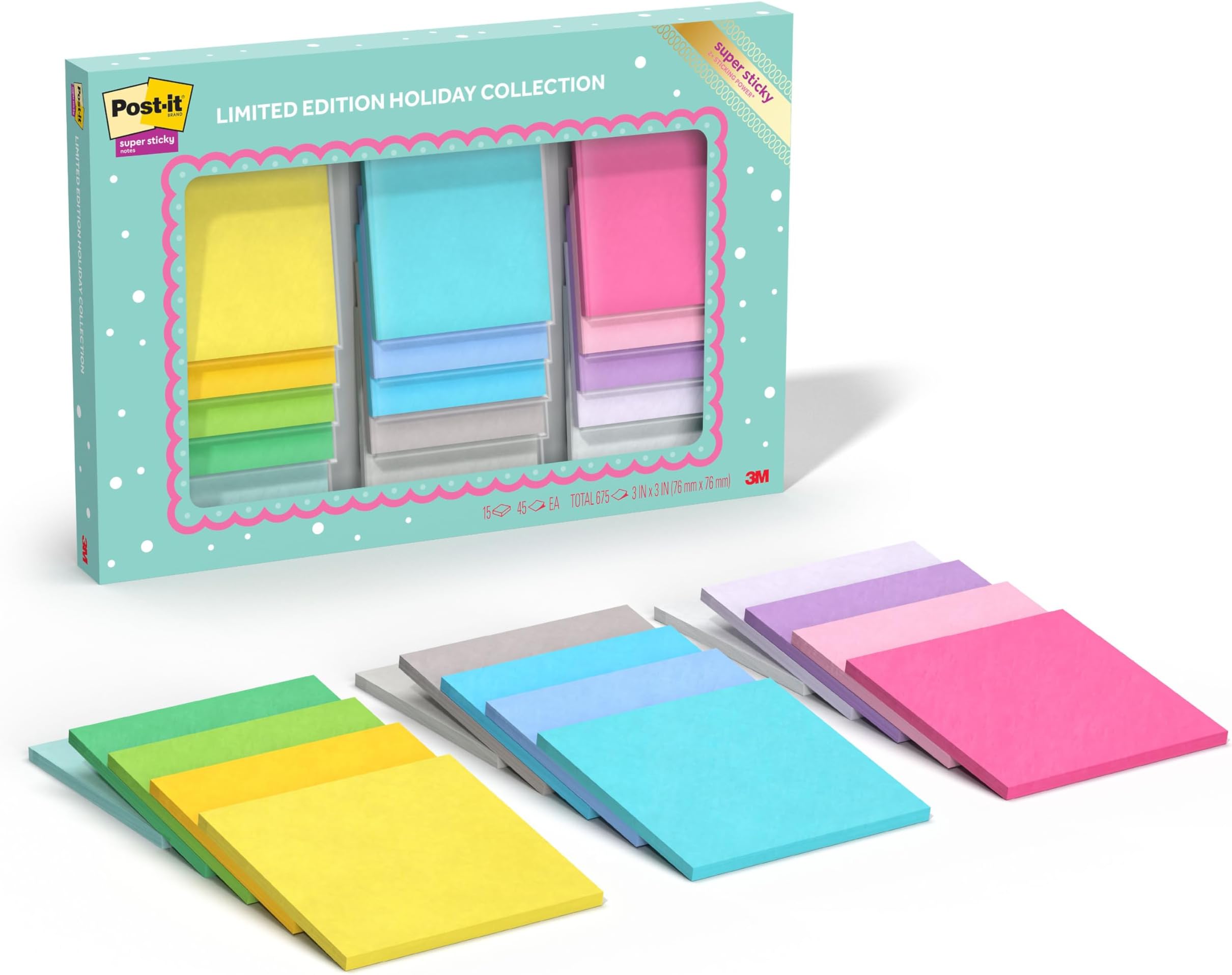 Notes Limited Edition Super Sticky Color Collection, 3x3 in, 15 Pads/Pack, 45 Sheets/Pad, Assorted colors (654-15SSHOL)