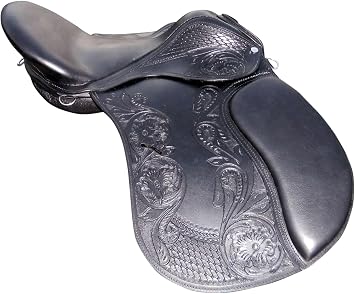 Leather Ride English Saddle Black Leather Carving treeless GP All Purpose in with Stirrups and Leather