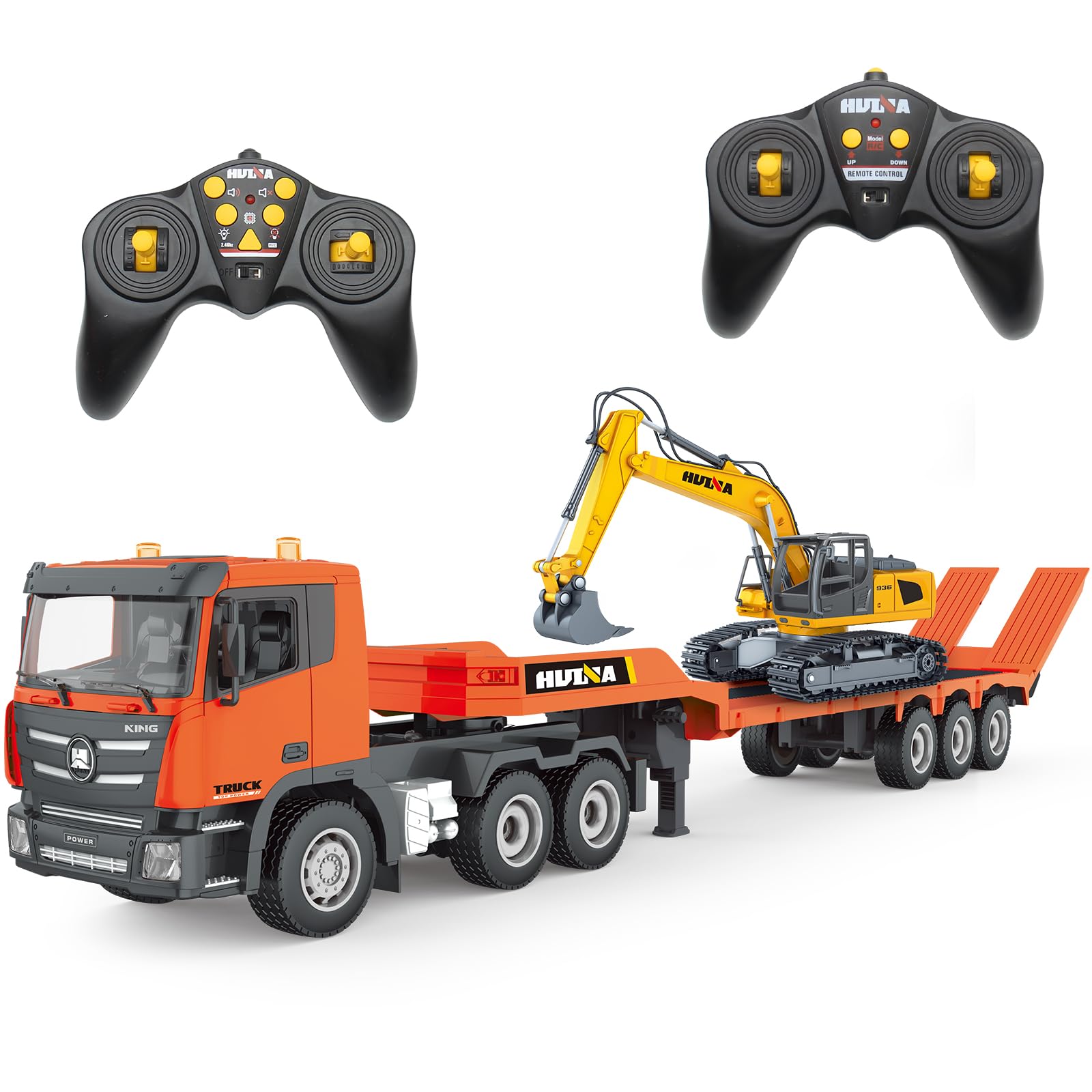 fisca RC Semi Camion et pelleteuse, 2,4 GHz, télécommandé, camion à plateforme et pelleteuse, 1:24, avec son et lumières, convient aux véhicules de construction pour garçons (orange)