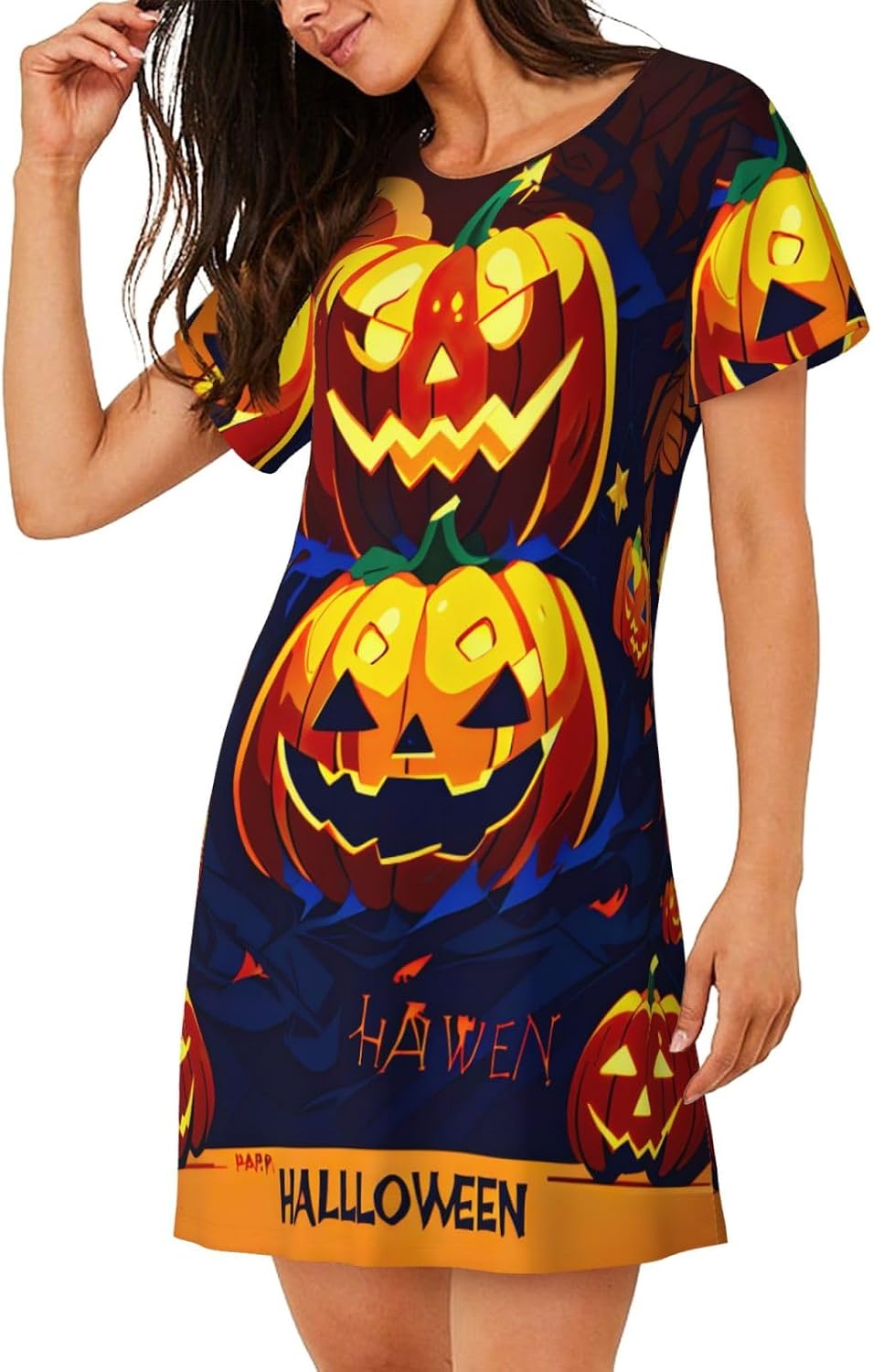 Halloween Pumpkin Print Women’s Short Nightgown,Knee-Length Sleepshirt For Summer,A-Shape Ladies Sleepwear