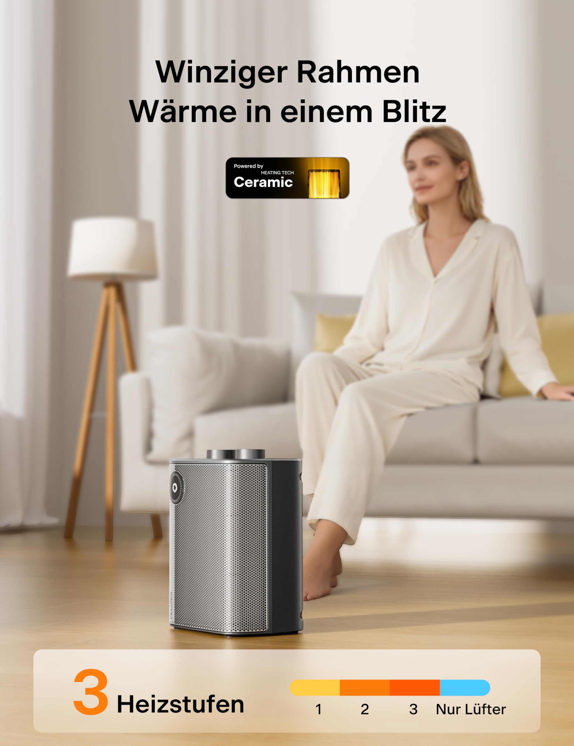 PELONIS Keramik Heizlüfter Mini 2000W, 2S Schnellheizung, 3 Heizstufen + Lüfter, Leise Tischheizung mit Überhitzungs & Kippschutz für Büro, Schreibtisch & Homeoffice