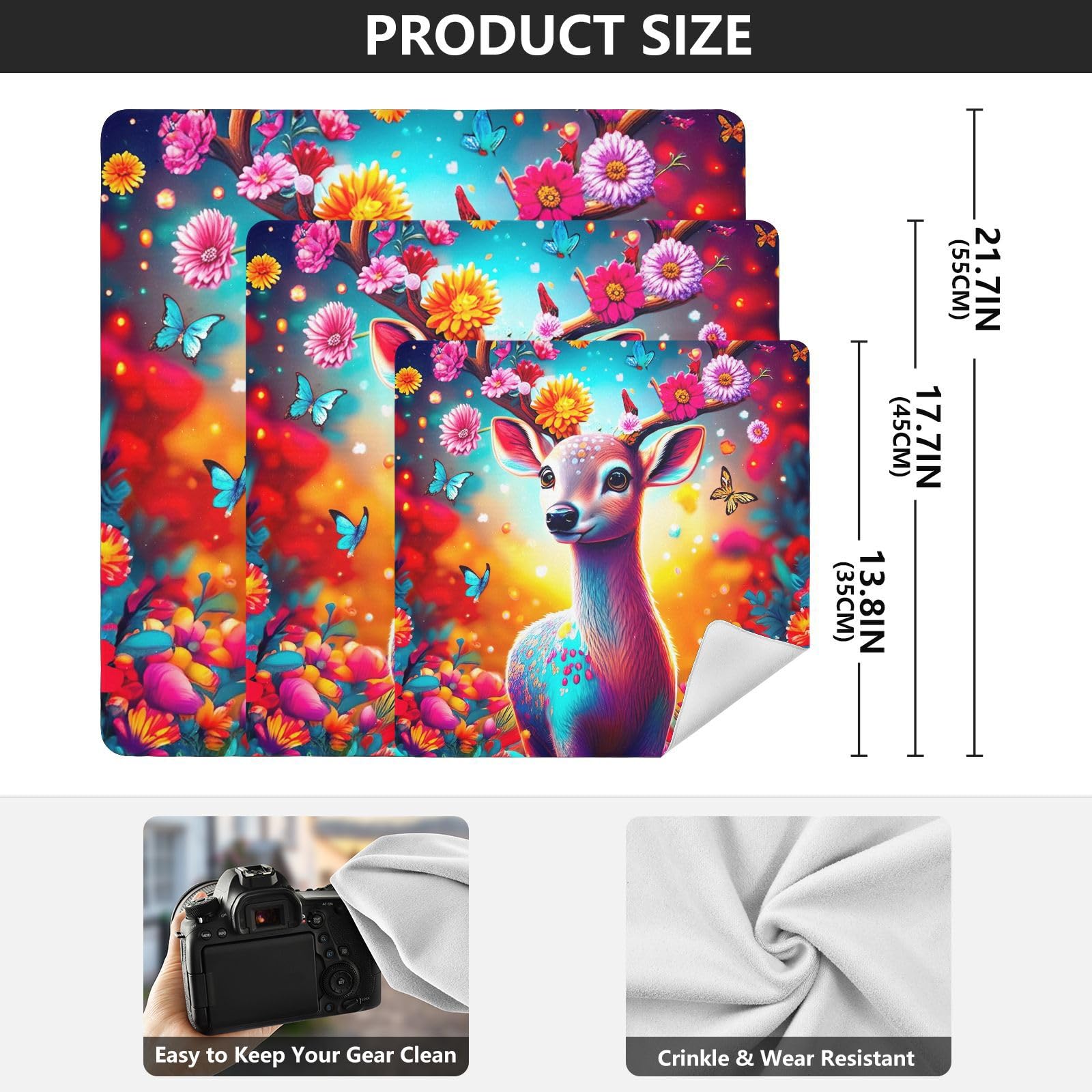 ODAWA Colorful Deer Flowers Butterflies Self-Adhesive Cloths 21.7X21.7 Inch Makeup Wrap Cloth Bag Wrap Protection for Camera and Lens