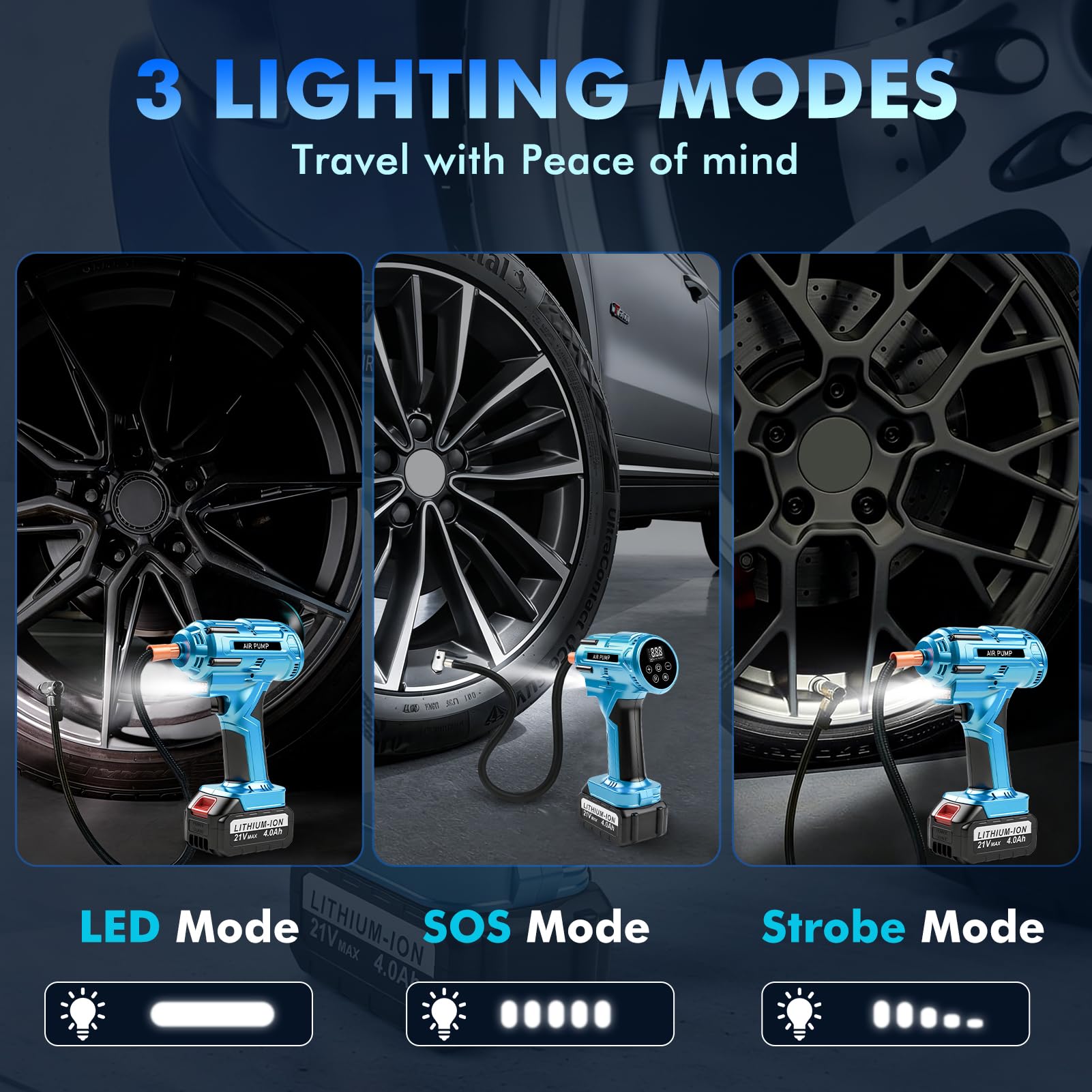 Compressore Portatile per Auto 150PSI, 800W Potente Compressore a Batteria 21V 4,0Ah, Valori Preimpostati, Luce LED & Display LED, per Auto Moto Biciclette Monopattini o Palloni