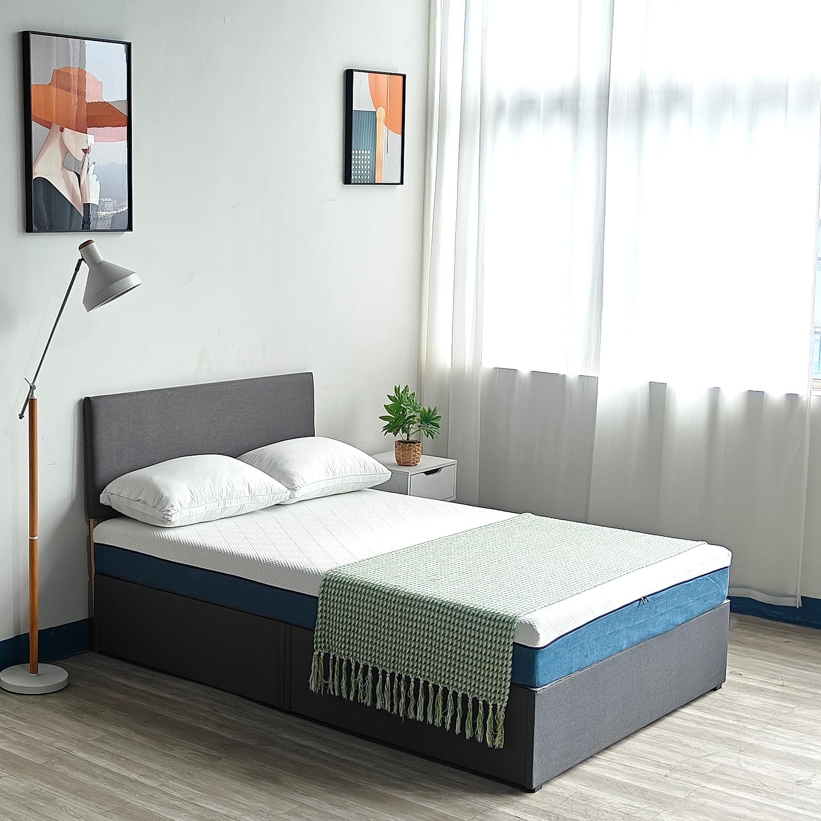 Panana Platform Bed Frame with/without Storage Drawers & Height Headboard, Grey Linen Fabric Divan Bed, Mattress Foundation with Metal Slats (4FT6 Double, with Headboard, No Drawer)