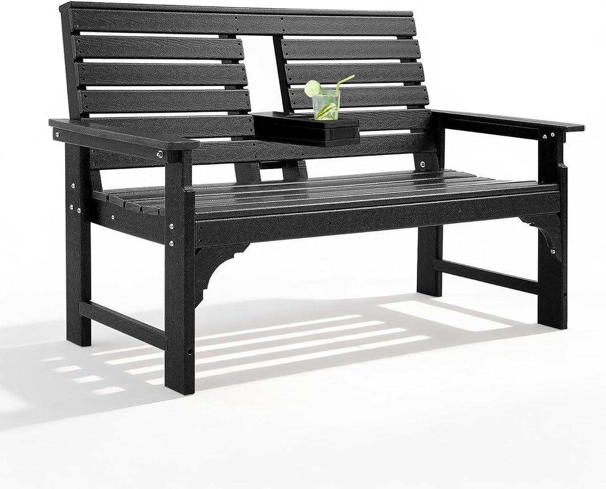 Banco para exteriores, banco de jardín para 2 personas de HDPE con portavasos | Banco de patio resistente a la intemperie con respaldo y reposabrazos, capacidad de 700 libras, asientos al aire libre para porche delantero, patio trasero, parque, negro
