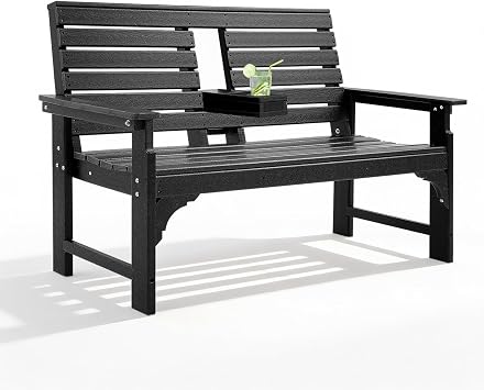 Outdoor Bench Weatherproof - HDPE 2-Person Garden Bench with Cup Holders, Bench Furniture with Backrest and Armrests, 700 lbs Capacity, Patio Park Bench for Front Porch Backyard Park Black