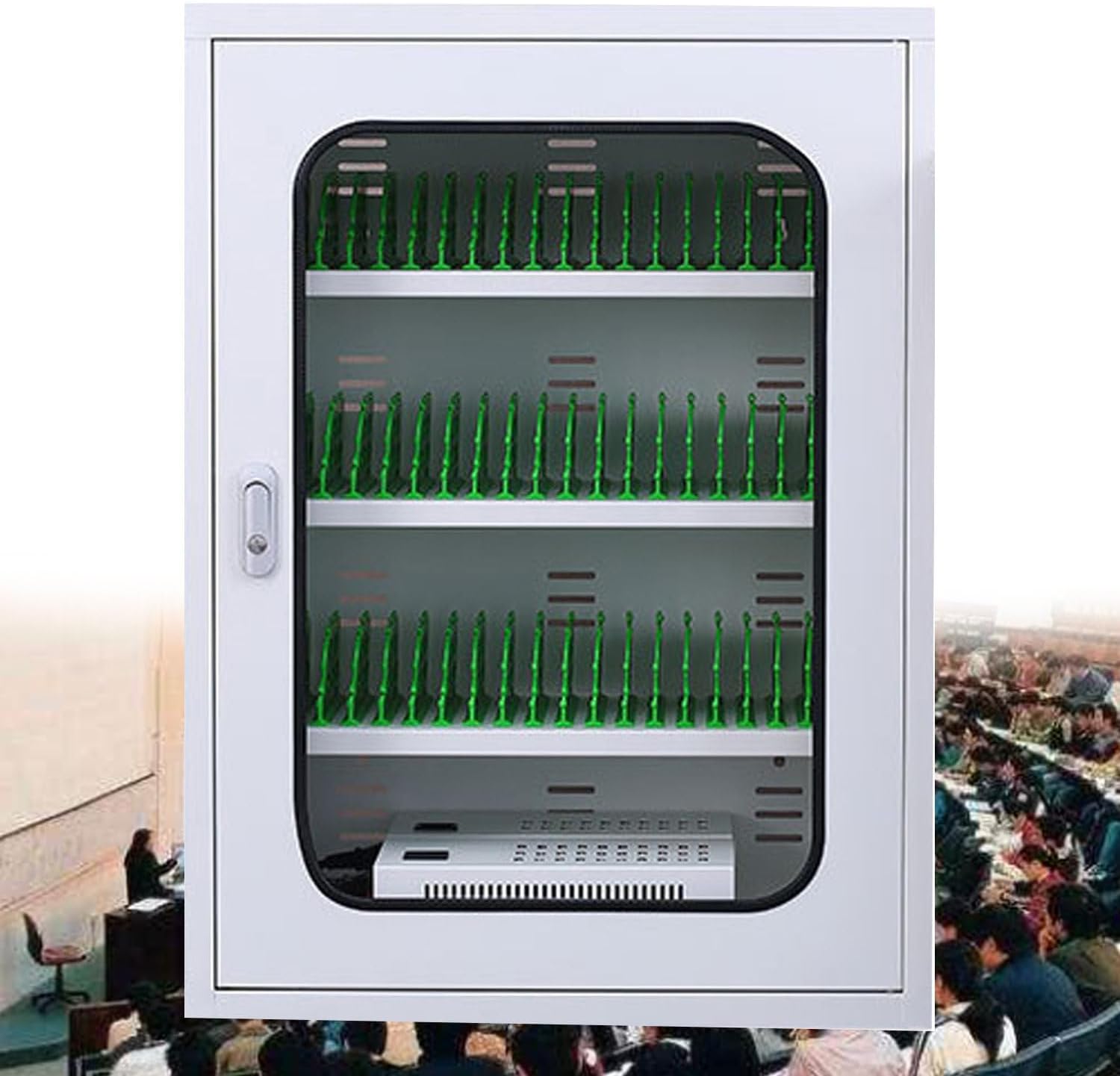 Mobile Phone Storage Box Transparent Acrylic Mobile Phone Security Locker with Key,Rechargeable Mobile Phone Locker Cabinet, 50 Slots Charging Station with Universal Wheels & Lock, Portable