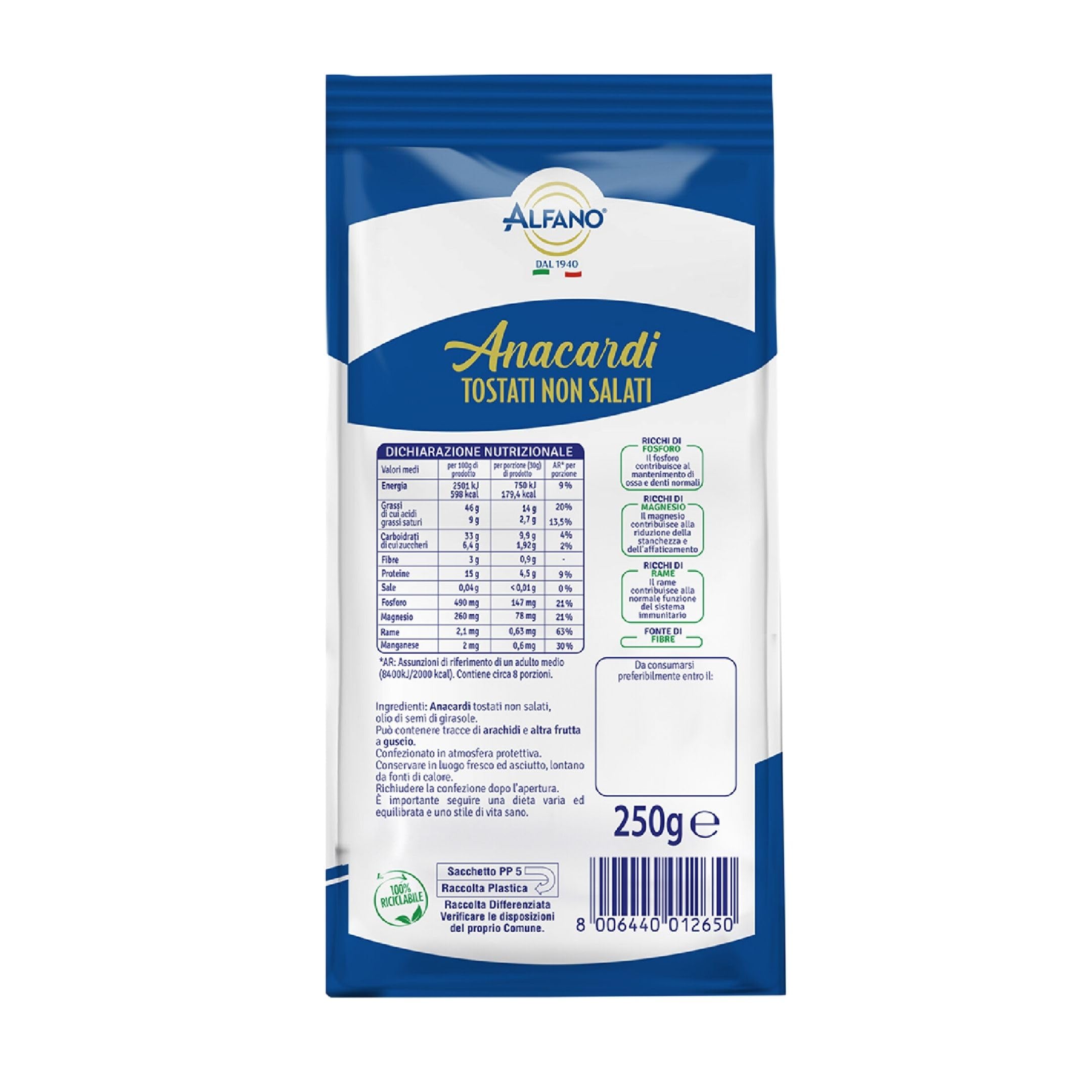 Alfano dal 1940 Anacardi Tostati Non Salati Formato da 250g Frutta Secca Ricca di Fosforo, Magnesio e Rame Fonte di Fibre (4 Pezzi)