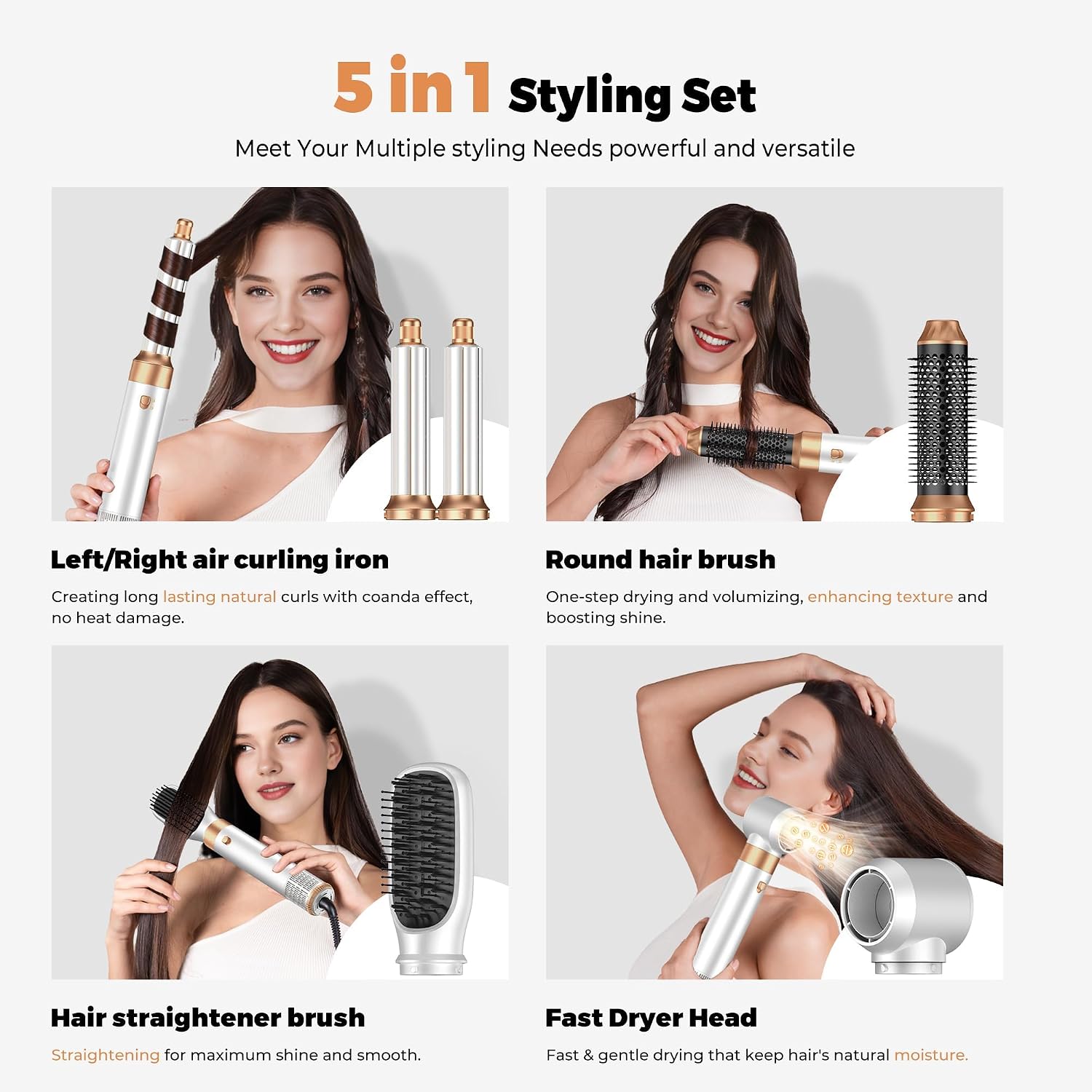 5 in 1 Blow Dryer Brush Set, Hot Air Styler Air Curling Wrap Air Curler Low Heat Hair Care, Round Brush Blow Dryer Hair Styling Tools Gift for Dry,Volumize,Straight,Curl, 110-120V