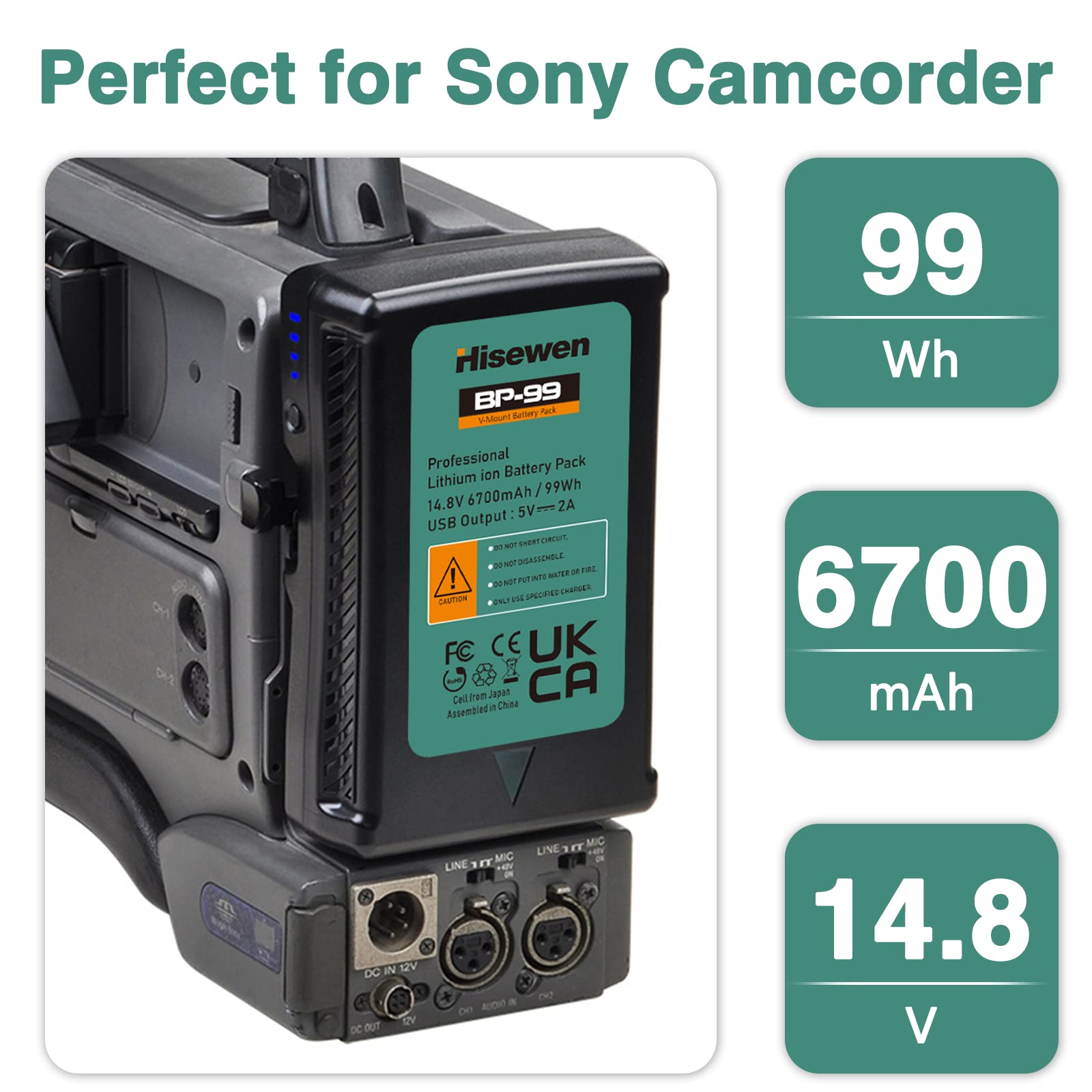 Batteria BP-99 V Mount 6700 mAh 99 Wh 14,8 V V-Lock e caricatore D-Tap per videocamera, monitor, videocamera, produzione di film