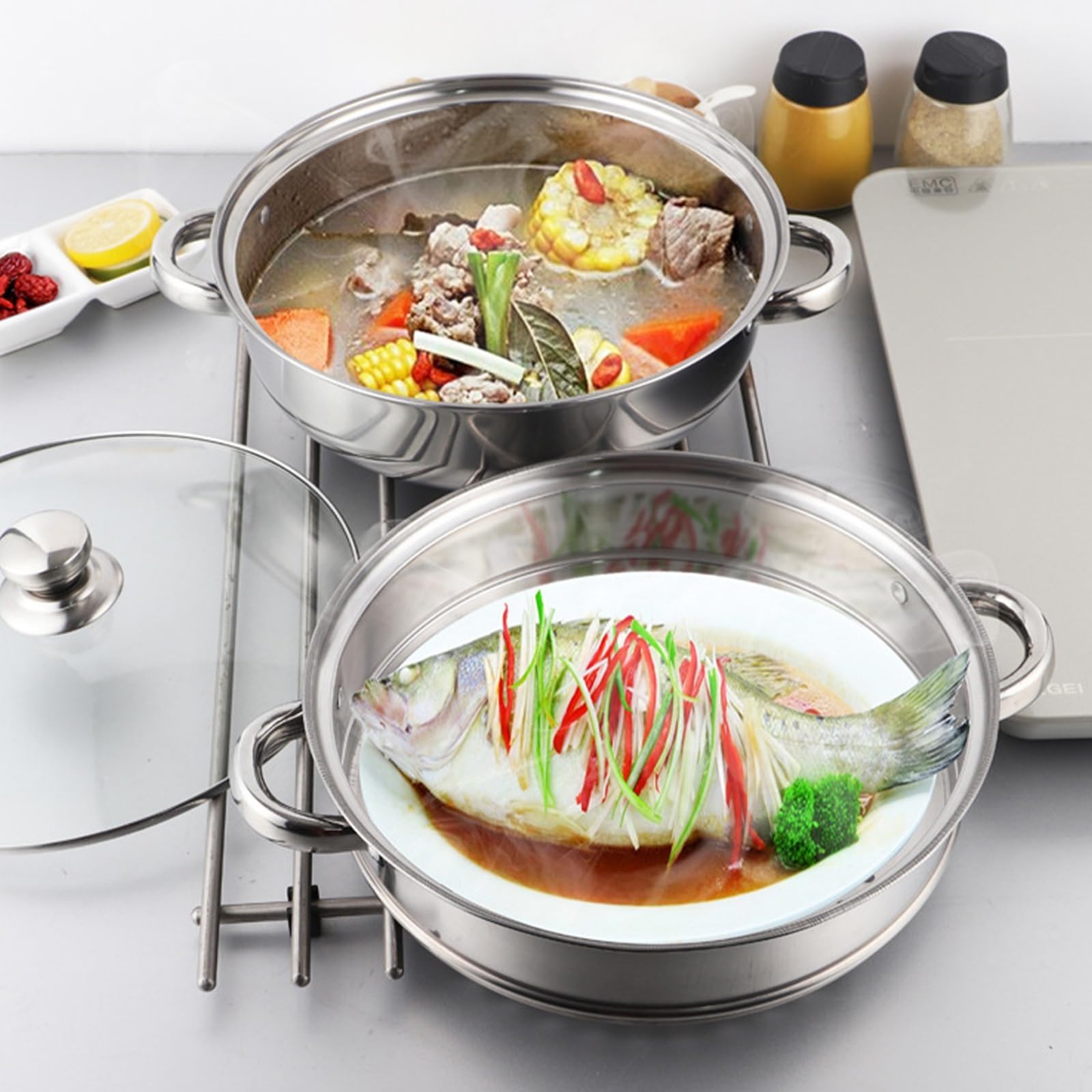 THEGA Dampfgarer Zum Kochen - Dampfgartopf Mit Dampfeinsatz, 2-stöckiges Stapel- Und Dampftopf-Set Mit Glasdeckel, Dampfgarer Aus Edelstahl Mit Doppelgriff, Für Alle Herdarten(32cm)