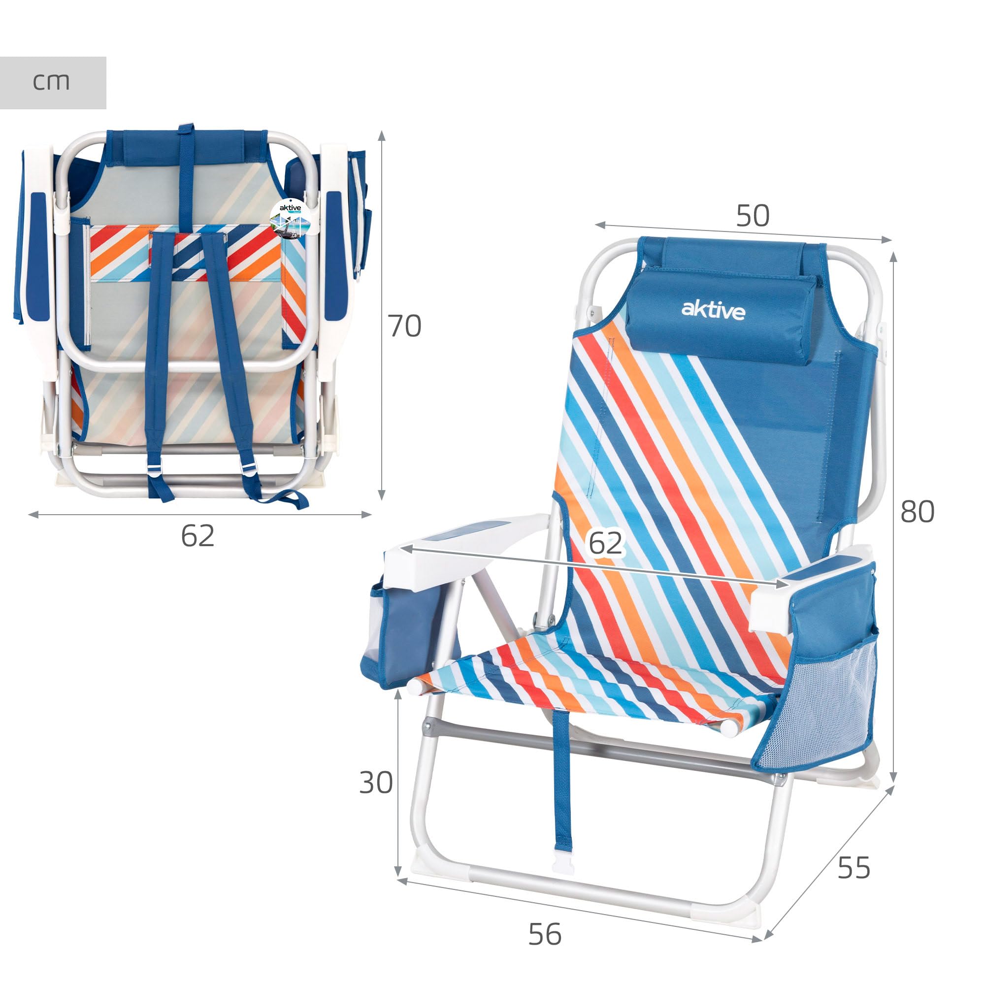 AKTIVE Silla de Playa Plegable con Mochila, 50x55x80 cm, Multiposición, Silla antivuelco, con 4 Posiciones, Silla con Bolsillos, Estructura Resistente, hasta 110 kg (62537)
