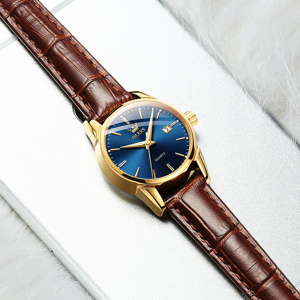 OLEVS Women Leather Watch - Analog Ladies Quartz Watches Luxury Dress Watch for Small Wrists Waterproof with Date Day Function - Reloj para Mujer