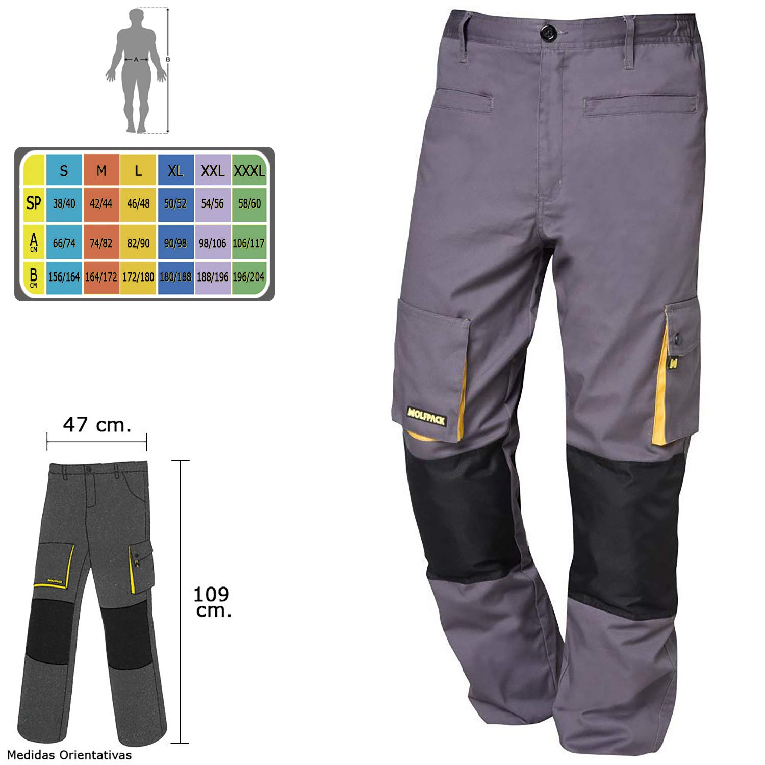 Wolfpack Linea Profesional Pantalones Largos DeTrabajo, Multibolsillos, Resistentes, Rodilla Reforzada, Gris/Amarillo Talla 50/52 XL