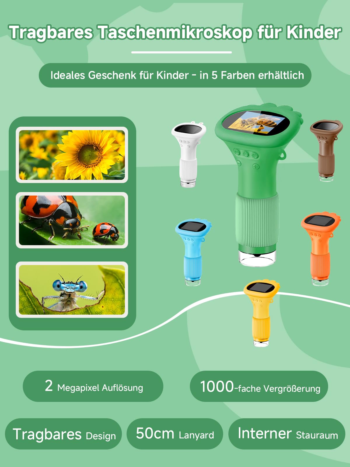 Acoath Mikroskop für Kinder, Digitales Taschenmikroskop mit 2,0" IPS-Bildschirm Lupe 200x Vergrößerung, 8 LED Lights Handy Kindermikroskop für Garten Spielzeug - Grün