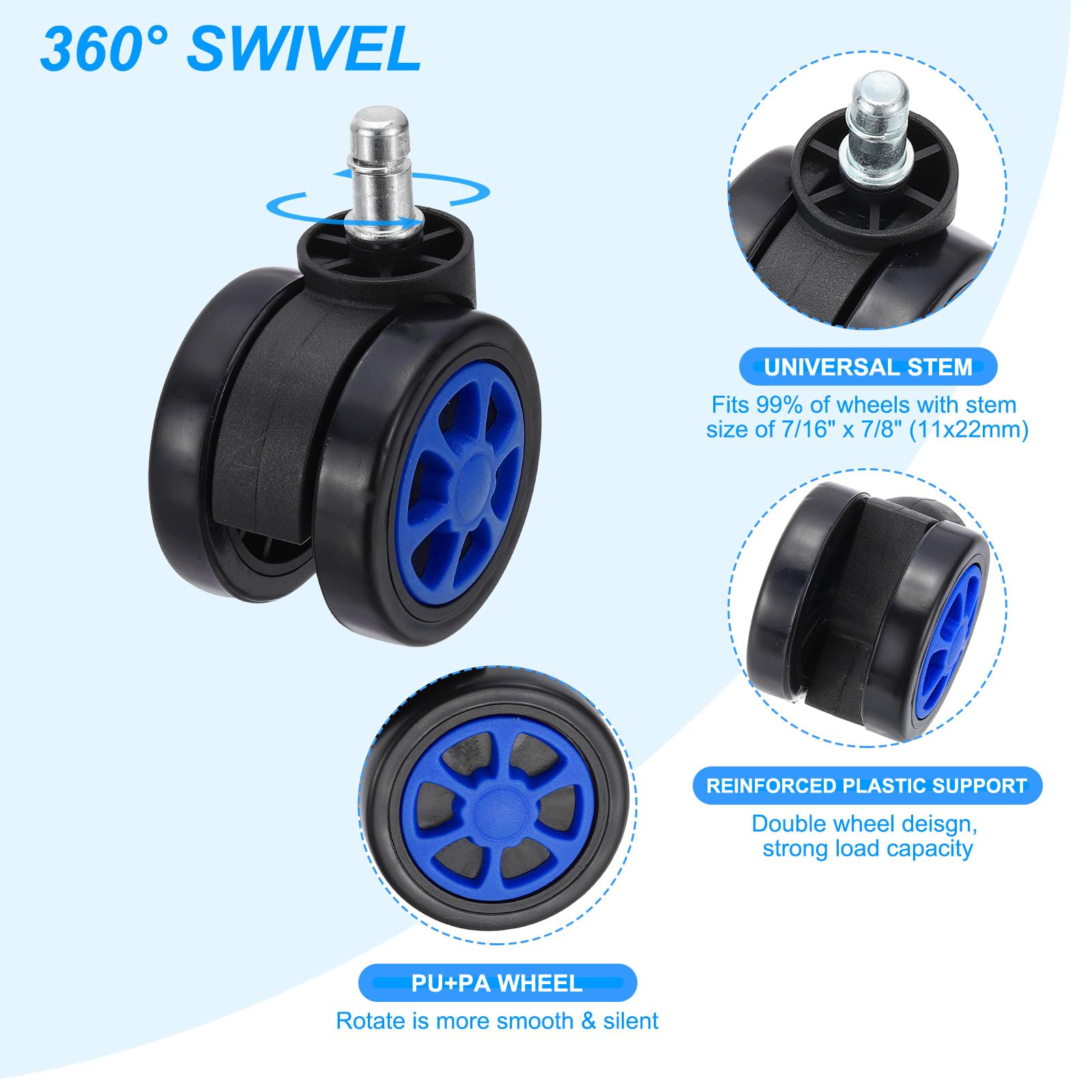 PATIKIL 3 Inch Office Chair Wheel Replacement, 5 Pack Desk Chair Wheels with 7/16" x 7/8" Quite Rolling Caster Wheels 154 Lbs Per Wheel for Wood Floors Carpet, Blue - Image 3