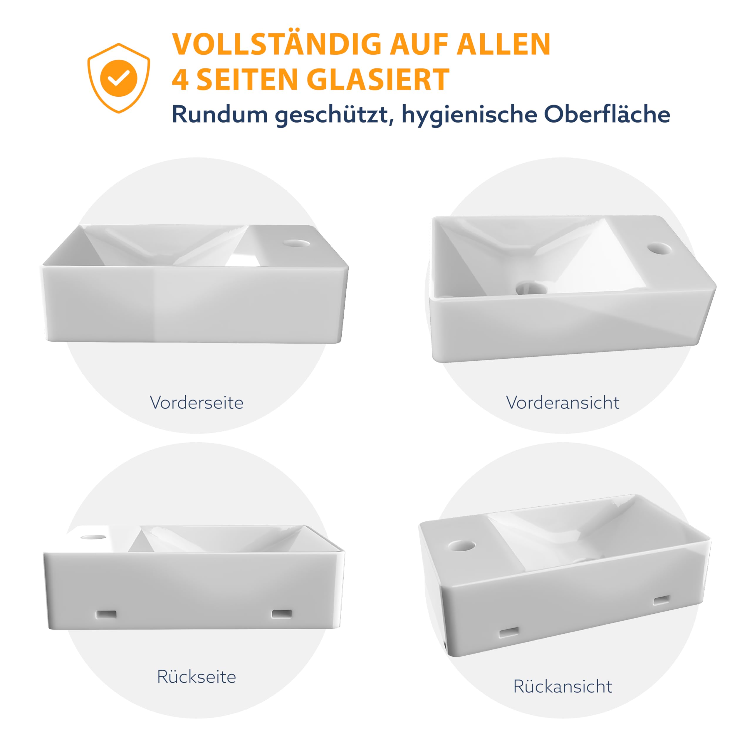 HOGART Lavabo Piccolo Bagno in Ceramica 38x22cm con Vasca a Sinistra – Lavandino Rettangolare Compatto Salvaspazio, Foro Rubinetto Senza Troppopieno, Sospeso o da Appoggio per WC Ospiti, Bagni Moderni - 5