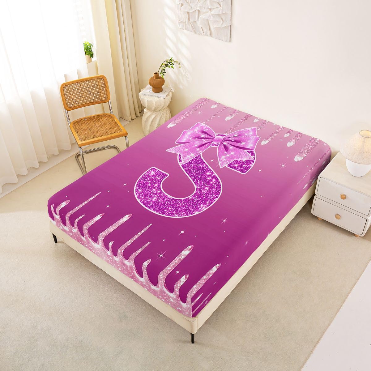 Homemissing Sábana bajera ajustable con lazo rosa con 2 fundas de almohada, tamaño King, con inicial S personalizada de 16 pulgadas de profundidad, sábana bajera ajustable para niños y niñas