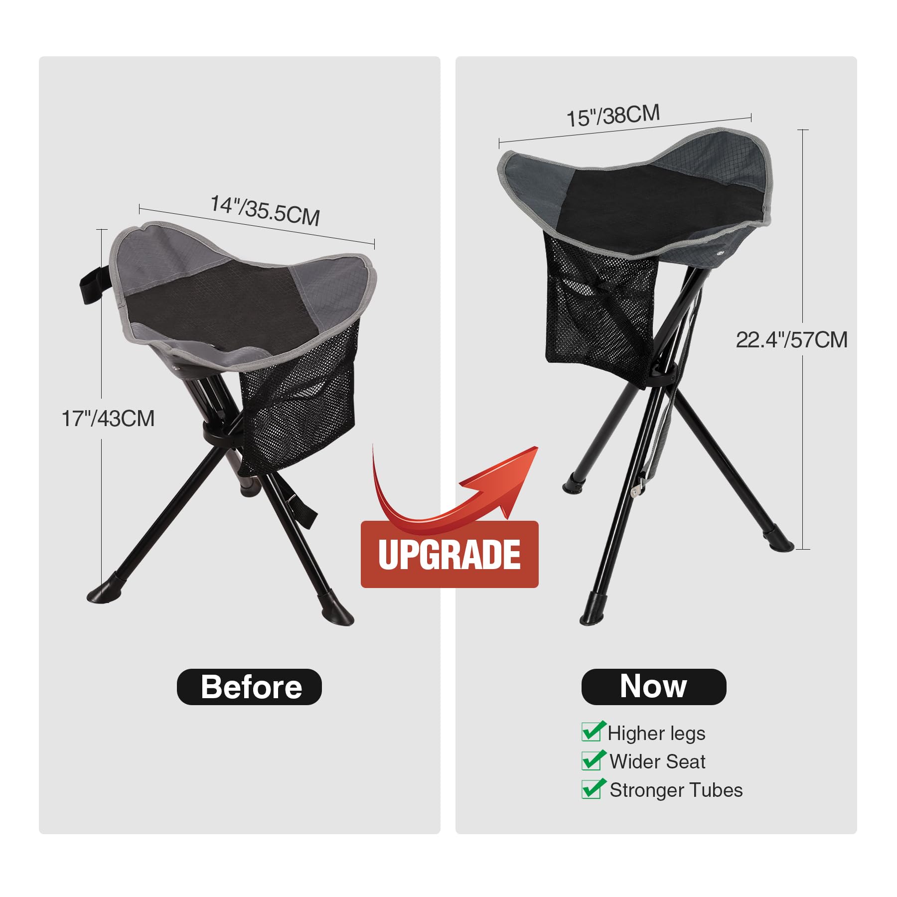 REDCAMP Deux Tabouret Pliant Tabouret Pliant à Trois Pieds ultraléger, Tabouret de Camping 57cm de Haut 102KG de Charge avec Poche latérale, Tabouret de pêche Portable Pliable pour Le Camping
