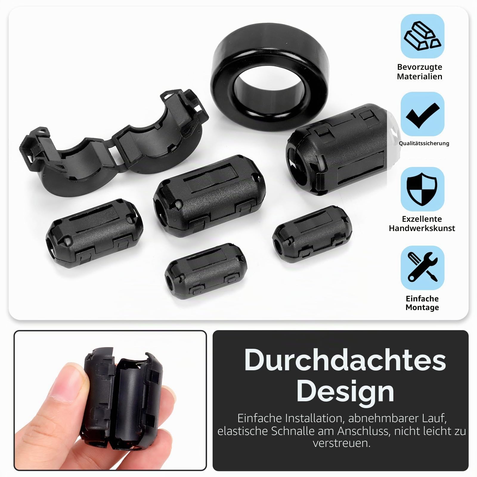 Glarks 32pcs Black Clip-on Ferrit Ring Core Set beinhaltet 3.5/5/7/9/13MM Innendurchmesser Kabelclips RFI EMI Geräuschunterdrücker Kabelclips 42 x 24 x 16MM Toroidkerne 15MM Ferrit Kerne
