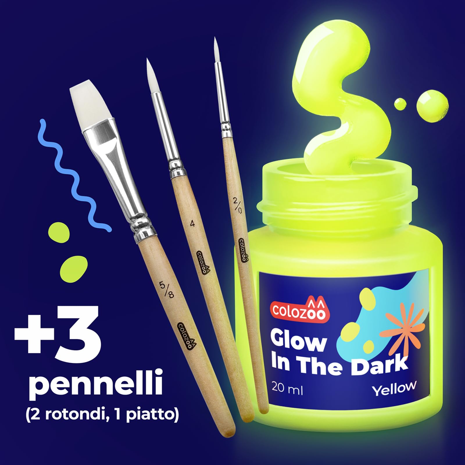 colozoo Set di colori acrilici fosforescenti 8x20ml luminosi +3 pennelli | brillano al buio sono durevoli su qualsiasi superficie fluorescenti autoilluminanti