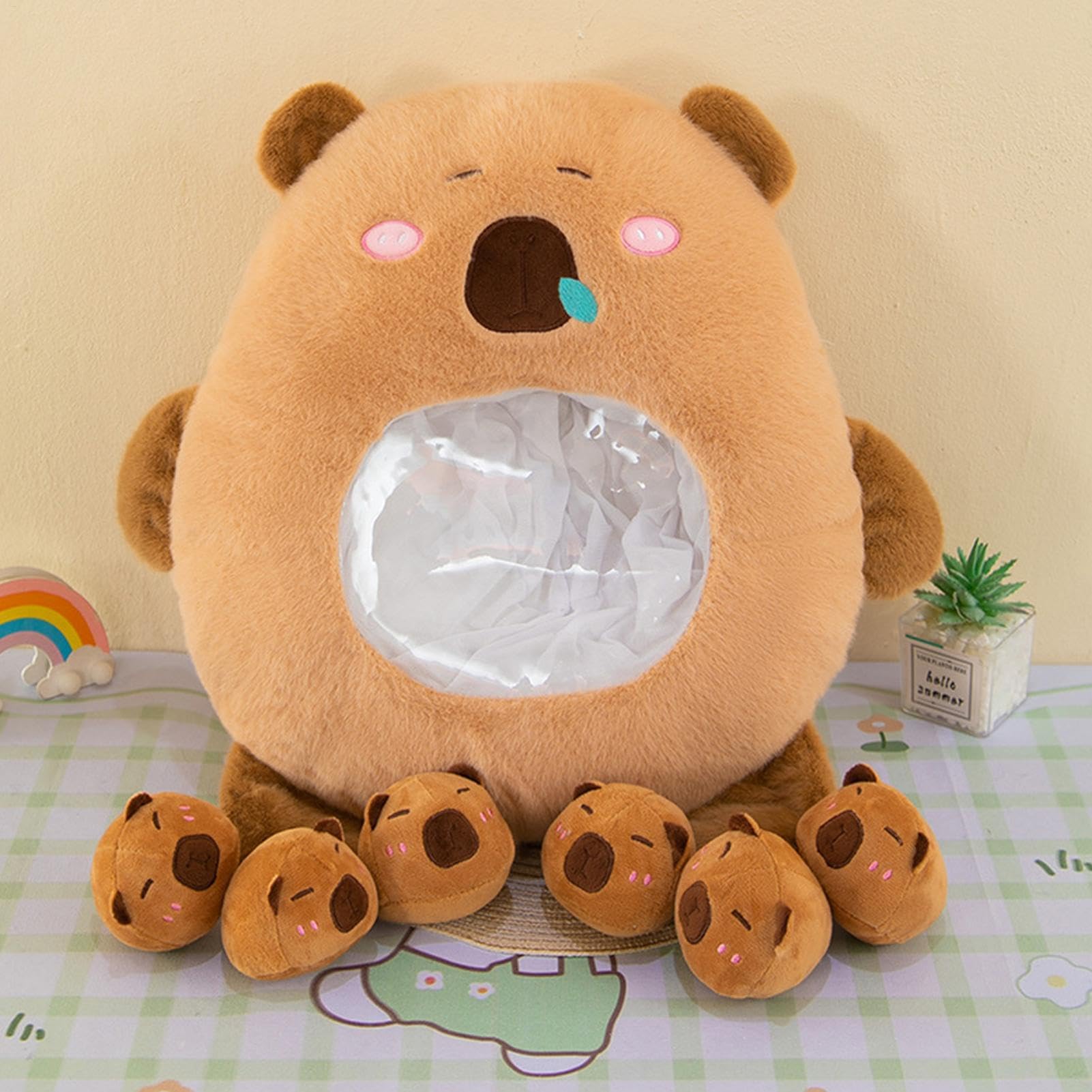 Peluche Capibara Cuscino Morbido Rimovibile In Peluche Con 6 Piccoli | Bambola Cuscino Capibara Per Bambini E Bambine Adatta Per Decorazione Divano E Camera Da