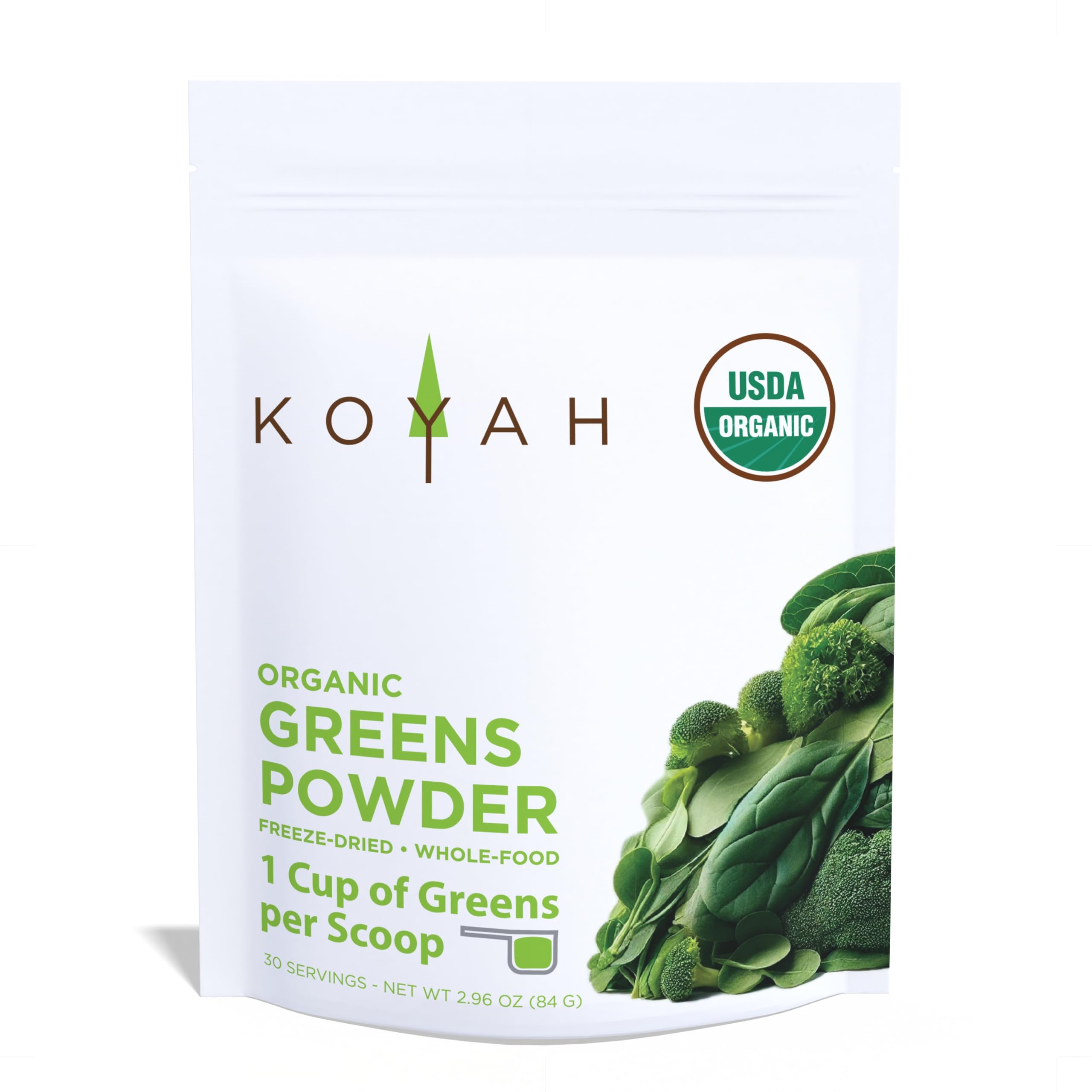 KOYAH - Organic Greens Blend Powder (Equivalent to 30 Cups Fresh Greens): Freeze-Dried, Whole-Vegetable