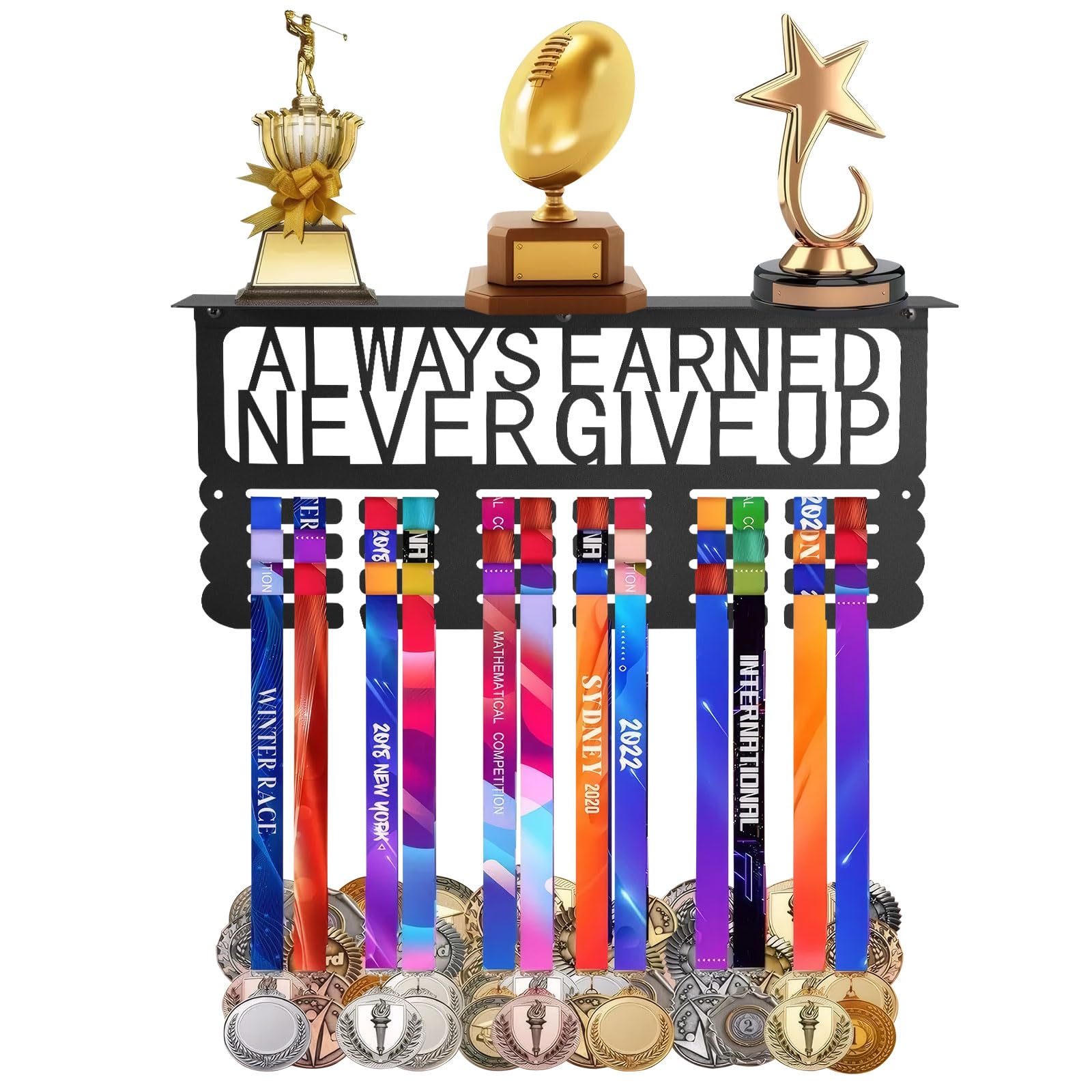 OKYUK Regał na trofea i regał na medale na ścianę – z zawieszkami na nagrody biegaczy – regał ścienny z mottem ALWAYS EARNED NEVER GIVE UP