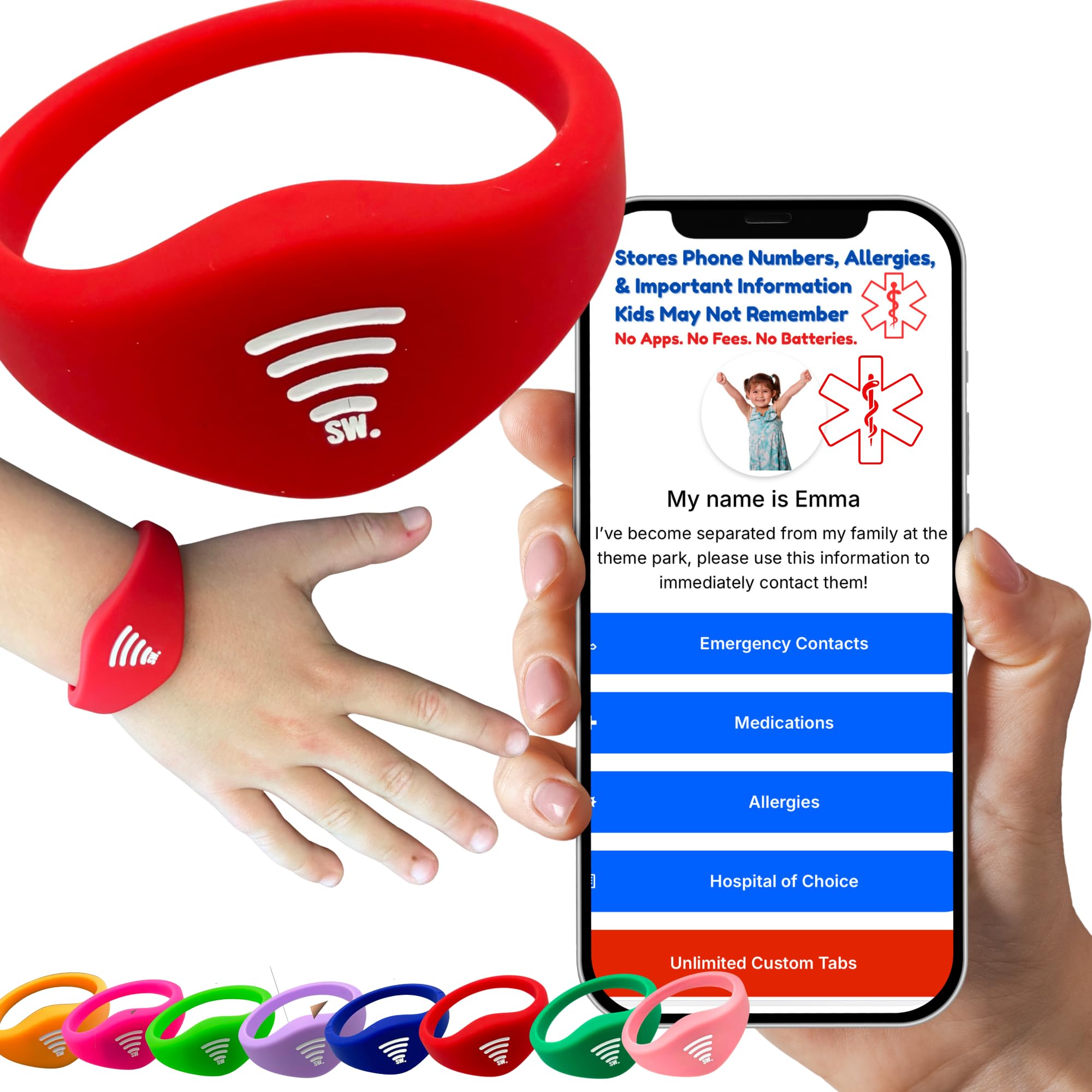 Kids ID Bracelet – Fitted NFC Safety Wristband, Slip-On Child ID Band for Emergency Contact Info, Waterproof Silicone, Not GPS, Wear on Wrist or Ankle, Ideal for Theme Parks, Travel & Beaches