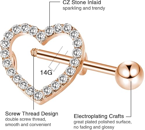 Vista 3 de JOVITEC 2 pares de anillos de pezón de acero inoxidable con circonita cúbica, diamantes de imitación para piercing corporal de pezón, 14 G