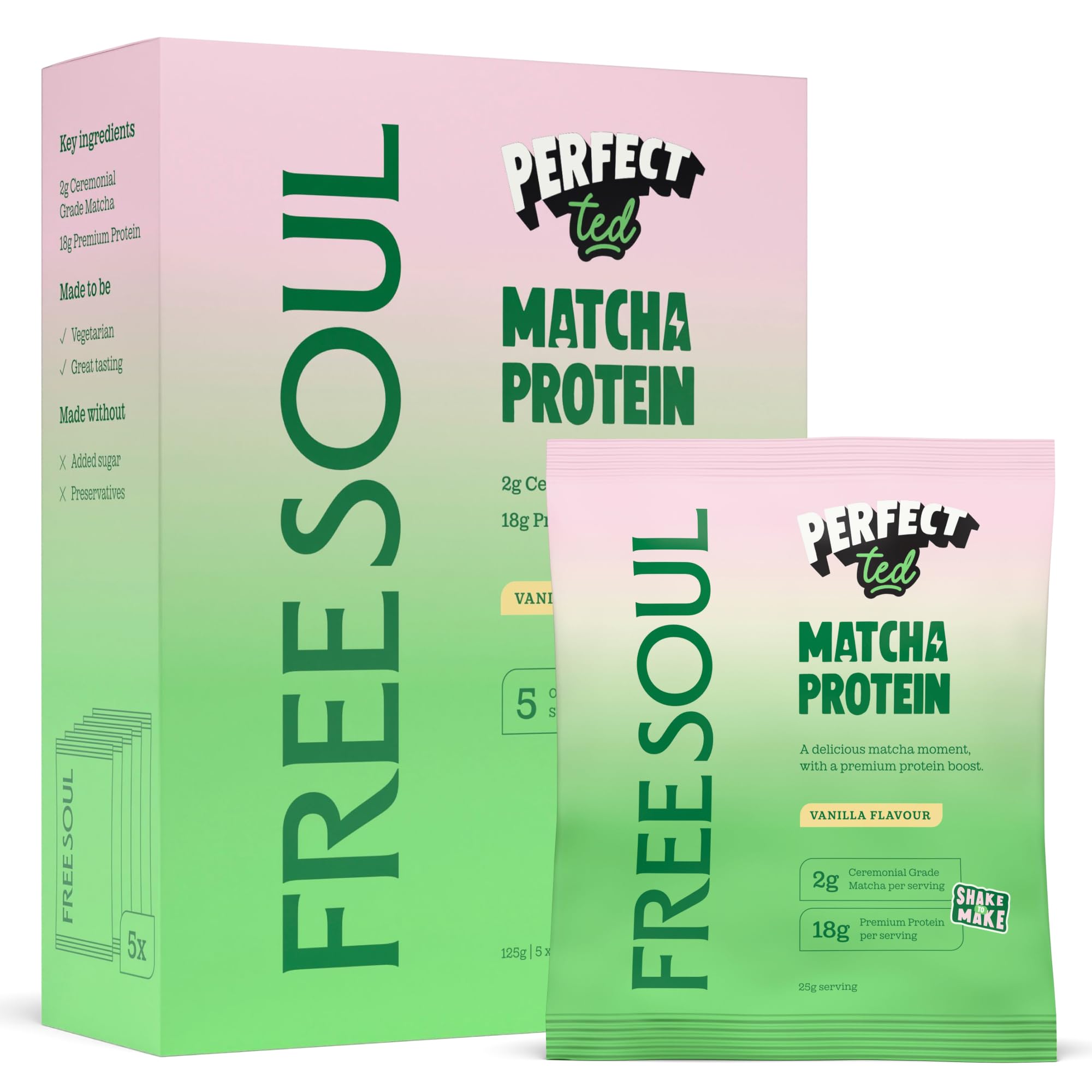 Matcha Protein Powder by Free Soul x PerfectTed | Protein Powder & Ceremonial Grade Matcha Powder with Digestive Enzymes | 5 x 25g Sachets | 18g Protein | Vanilla Flavour