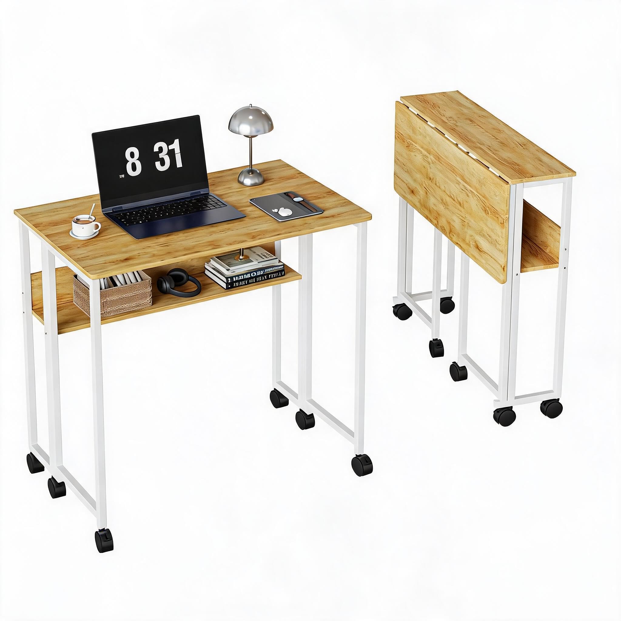 Djioyer Folding Collapsible Rolling Desk with Storage Shelf Compact