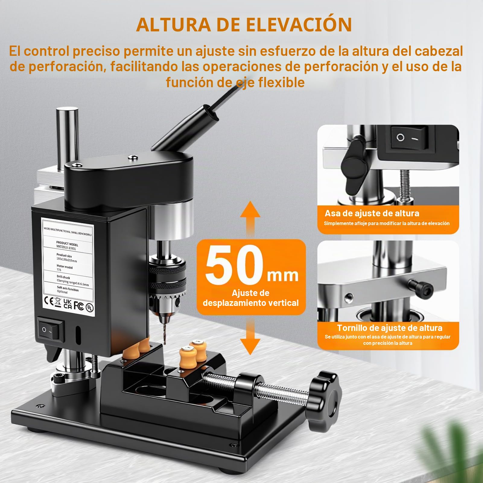 Mini Taladro De Banco, 200W Taladro De Columna EléCtrico Taladros Vertical, 4000rpm 7 Velocidades Mini Mesa De Prensa Taladro Para Taladrado Directo De Metal, Madera, Ajuste Altura De 50mm