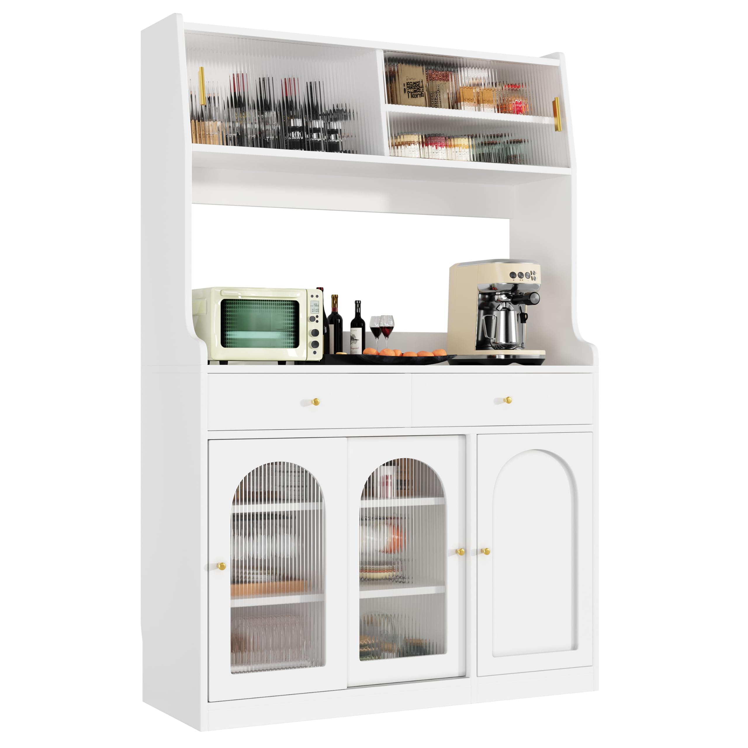Buffet Haut Cuisine 180 cm Blanc Vaisselier Salle A Manger avec LED App Control Armoire à Portes Vitrées Meuble de Rangement Solide pour Micro-Onde et Vaisselle