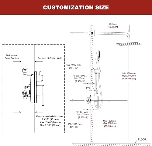 Miniatura 9 de Lavatrum Juego de grifo de ducha, cabezal de ducha de 12 pulgadas con ducha de mano de 6 ajustes, válvula incluida (negro mate)