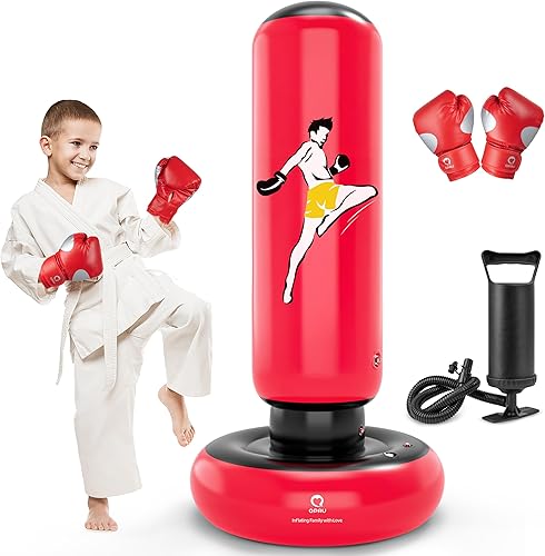 QPAU Kids Punching Bag Toy with Boxing Gloves, 66 Inch Larger Stable Kids Inflatable Boxing Bag Set, Gifts for Boys & Girls Age 6-12, for Practicing