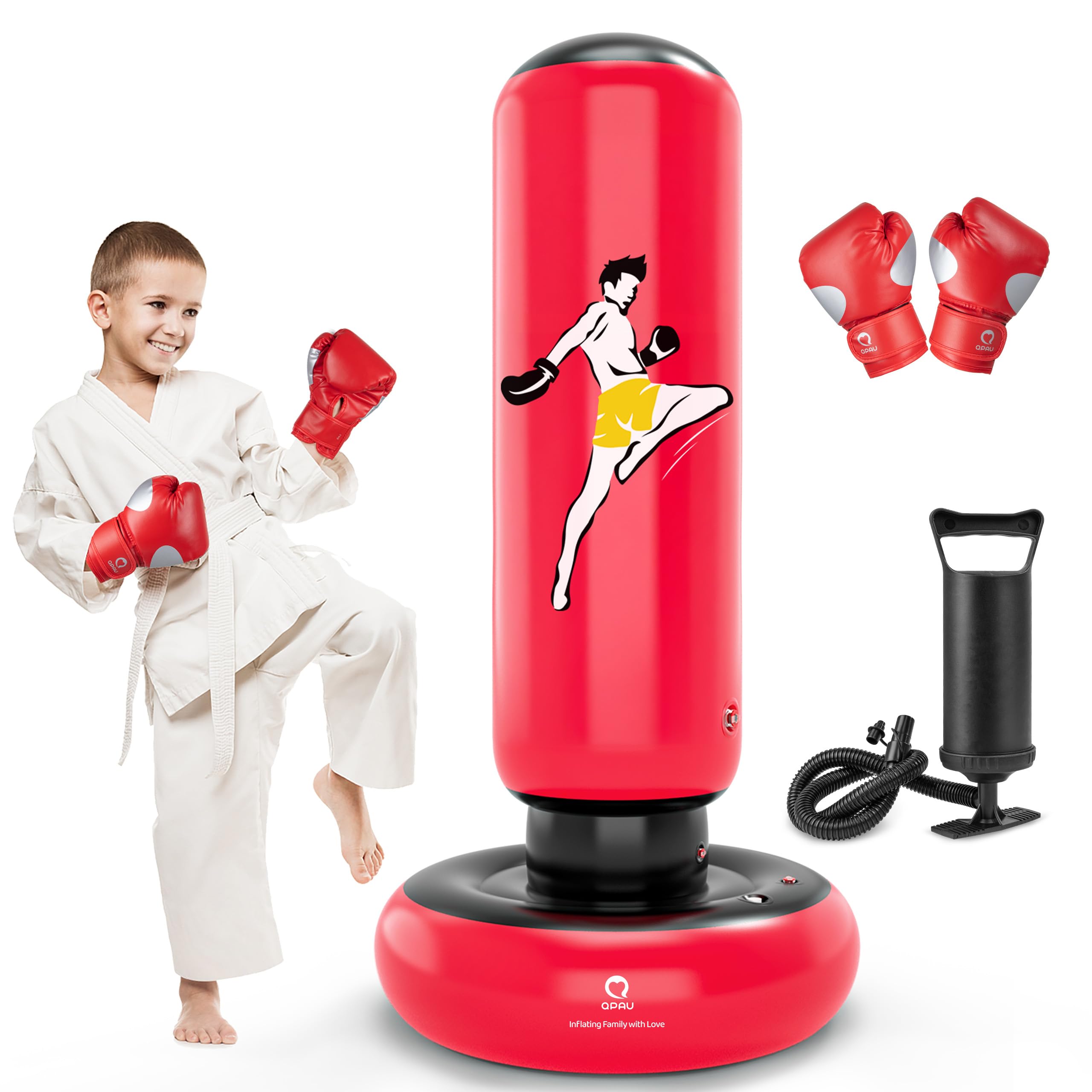 QPAU Sacco da boxe per bambini, giocattolo con guantoni da boxe, 167 cm, più grande, gonfiabile, regalo per ragazzi e ragazze dai 6 ai 12 anni, per praticare karate, taekwondo, MMA (rosso)