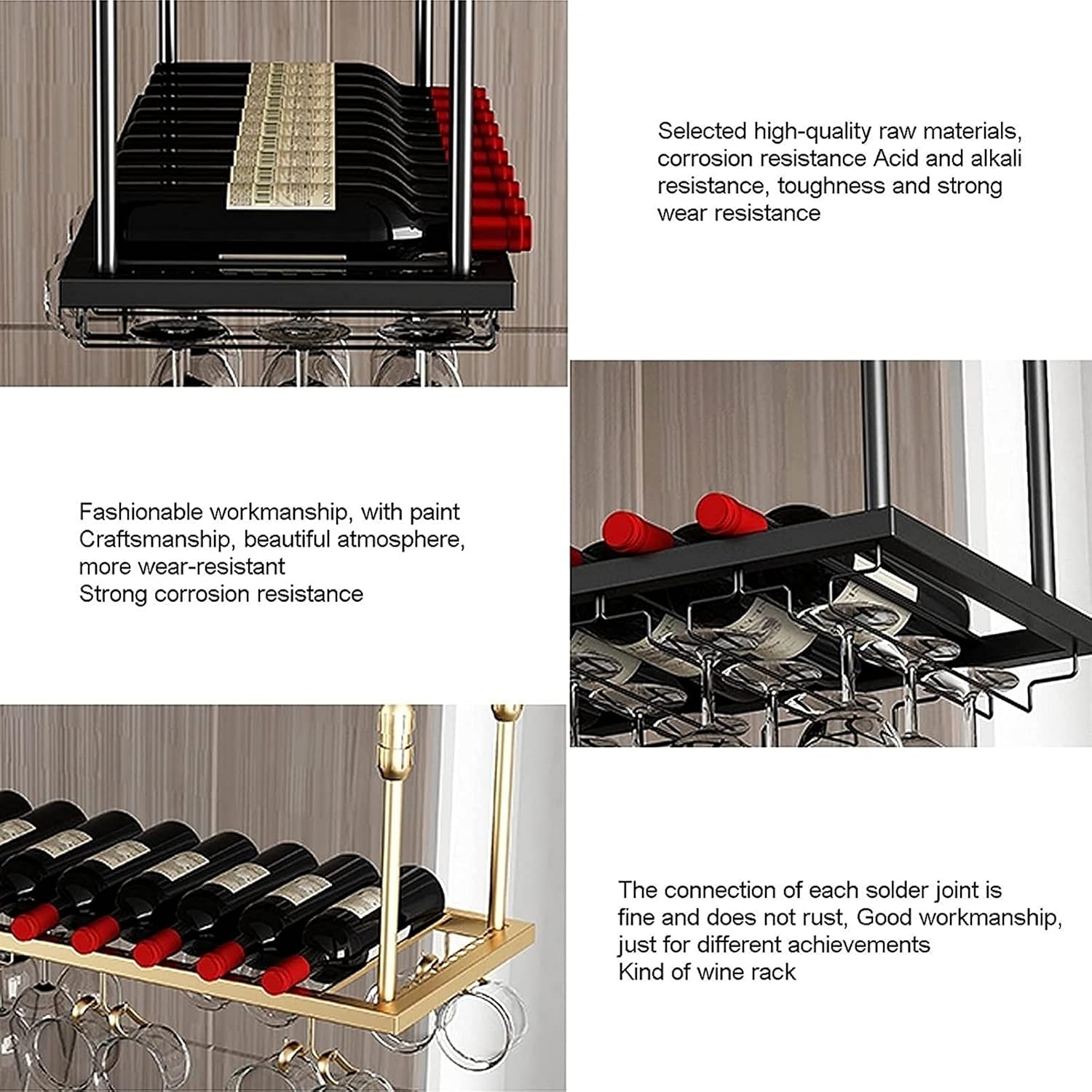 European Hanging Wine Glass Rack Adjustable Height Ceiling Decoration Shelf for Wine Glass and Bottle Storage Big Capacity and Easy to Install Gold Finish 100 Bottle Capa