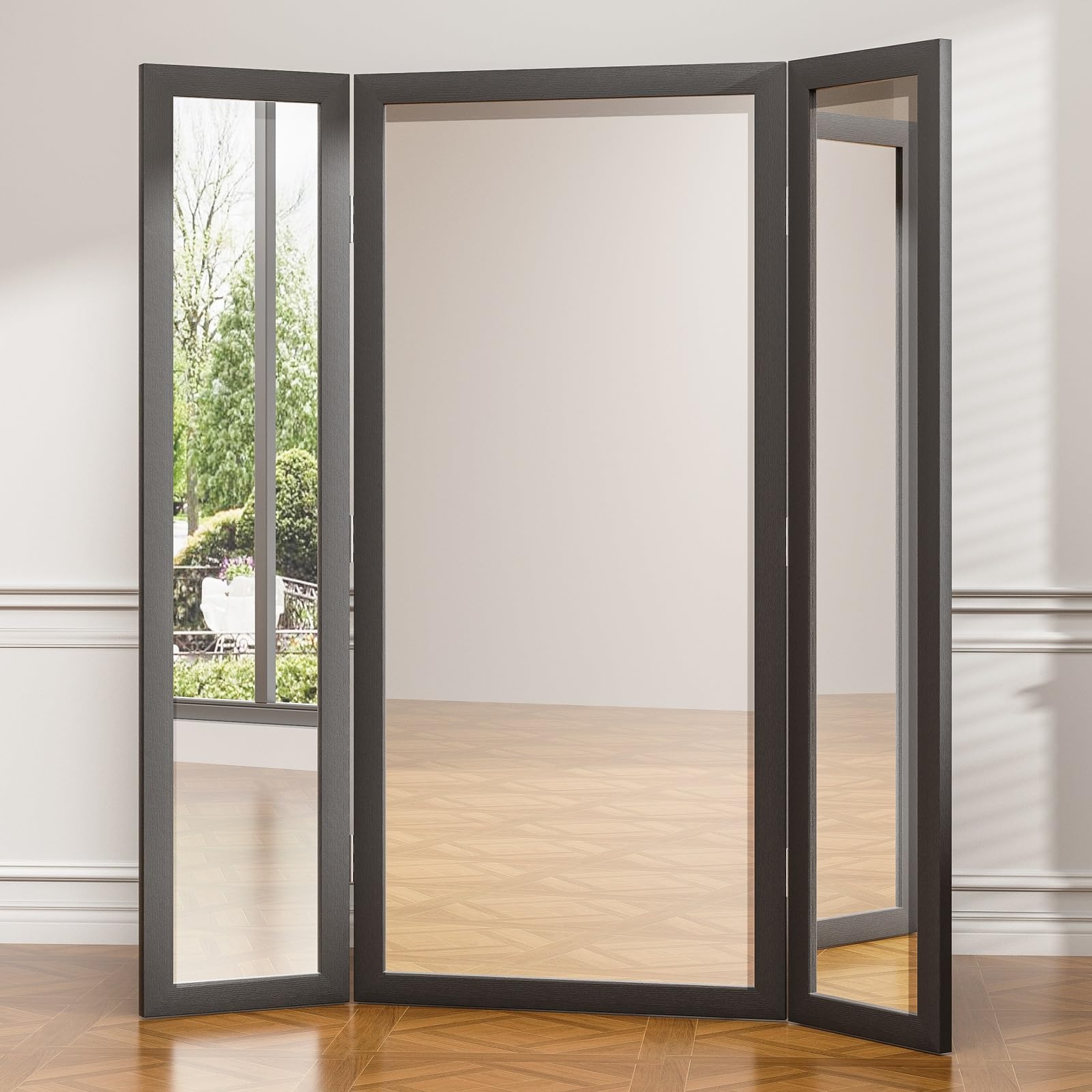 Full Length Trifold Mirror 3 Way Mirror with Tempered Glass, 3 Panel Oversized Extra Large Floor Mirror with Black Wood Frame, for Wedding Dress/Clothing Shop/Bedroom/Closet, 71"x67", Black