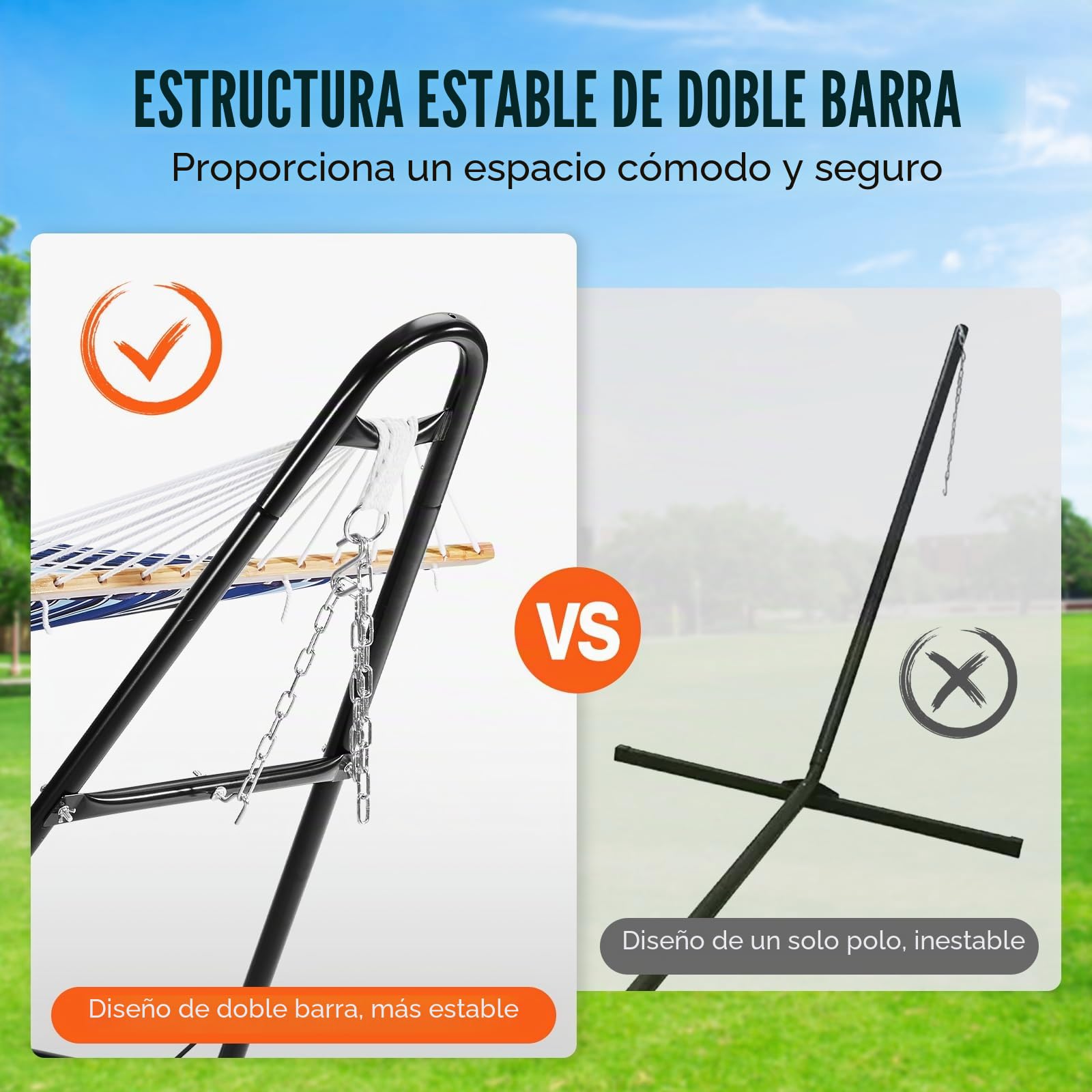 VEVOR Soporte para Hamaca Portátil Carga 250 kg Estructura de Acero Universal para Hamacas de 2,3-3,9 m Ajustable con Cadena, Gancho, Bolsa de Transporte, para Hamaca de 2 Personas Exterior Interior