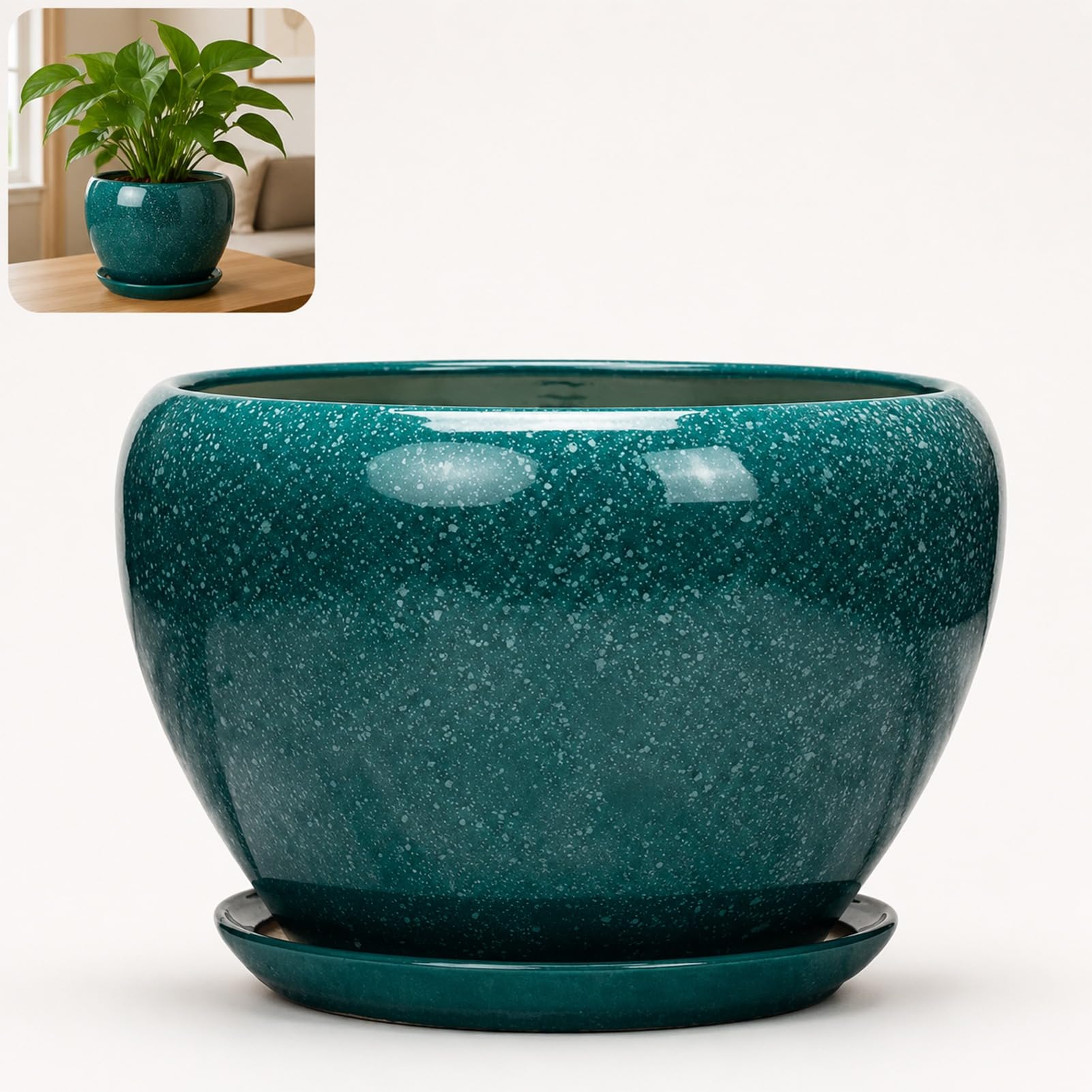 ZeptiHOM Ceramic Flower Pot Glazed Garden Planter with Drainage Hole Tray, Succulents House Plants (green,16 * 12cm)