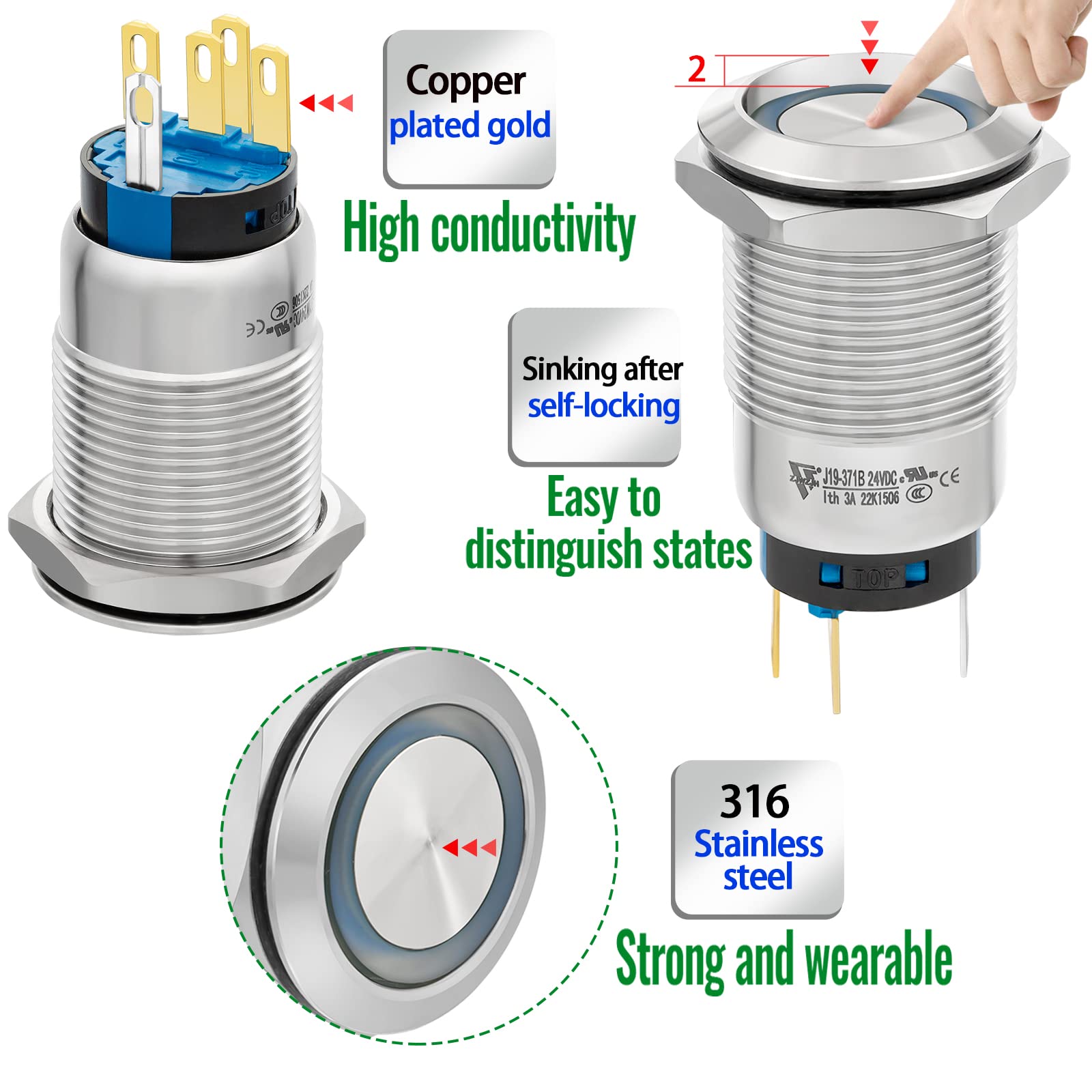 Snapklik.com : 2PCS 19mm Latching Push Button Switch 24V 1NO 1NC SPDT ...